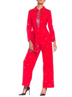 1970S Wool Knit Bright Crimson Metal Studded Disco Jumpsuit