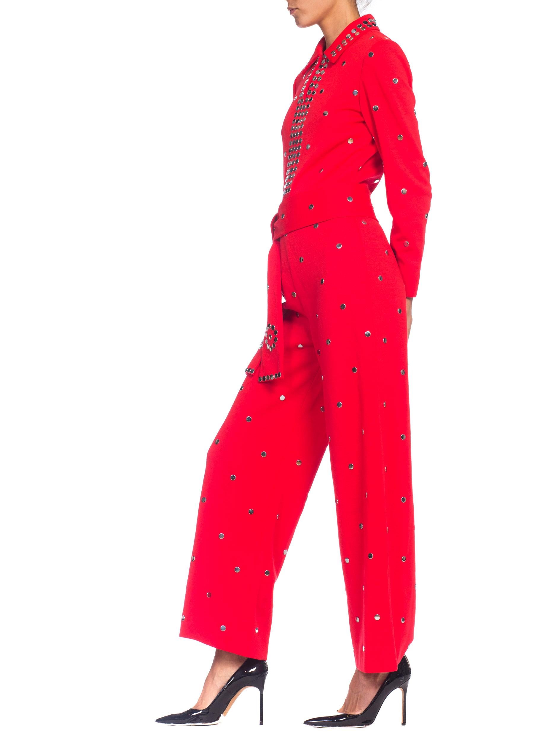 Red 1970S Wool Knit Bright Crimson Metal Studded Disco Jumpsuit