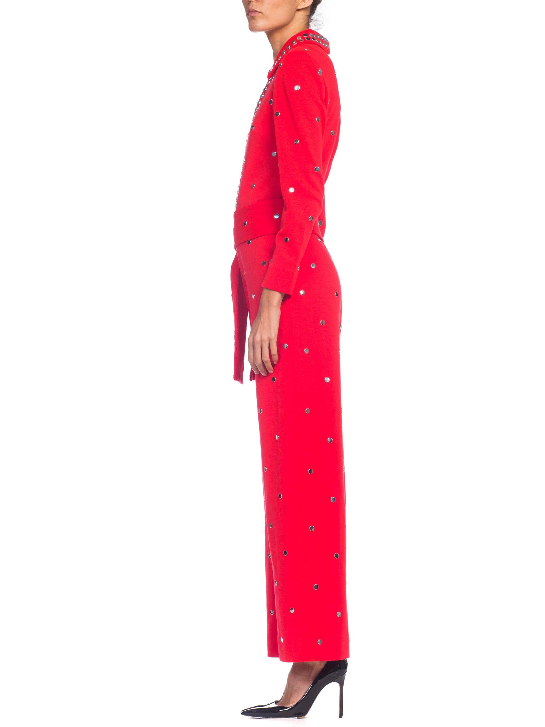 1970S Wool Knit Bright Crimson Metal Studded Disco Jumpsuit In Excellent Condition In New York, NY