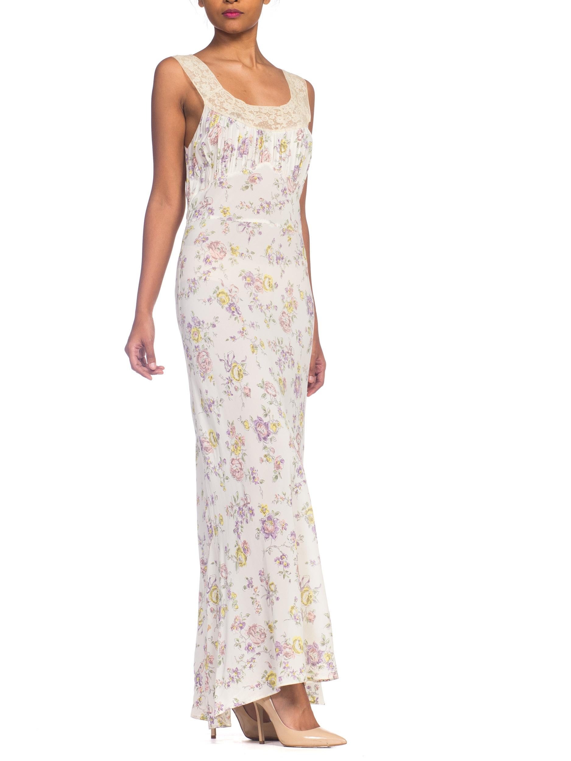 Beige 1930s Bias Cut Floral Rayon & Lace Negligee Slip Dress