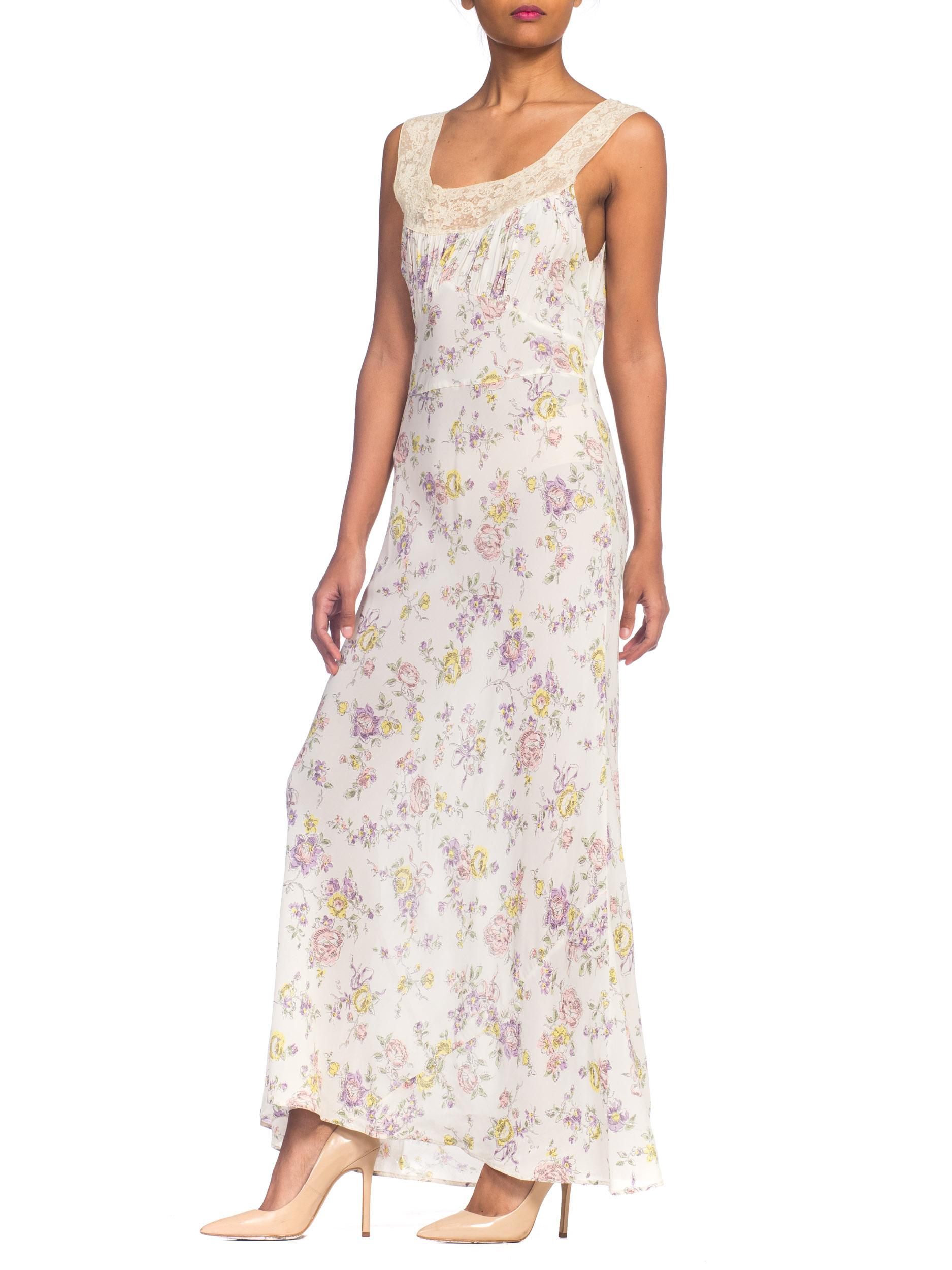 1930s Bias Cut Floral Rayon & Lace Negligee Slip Dress 5