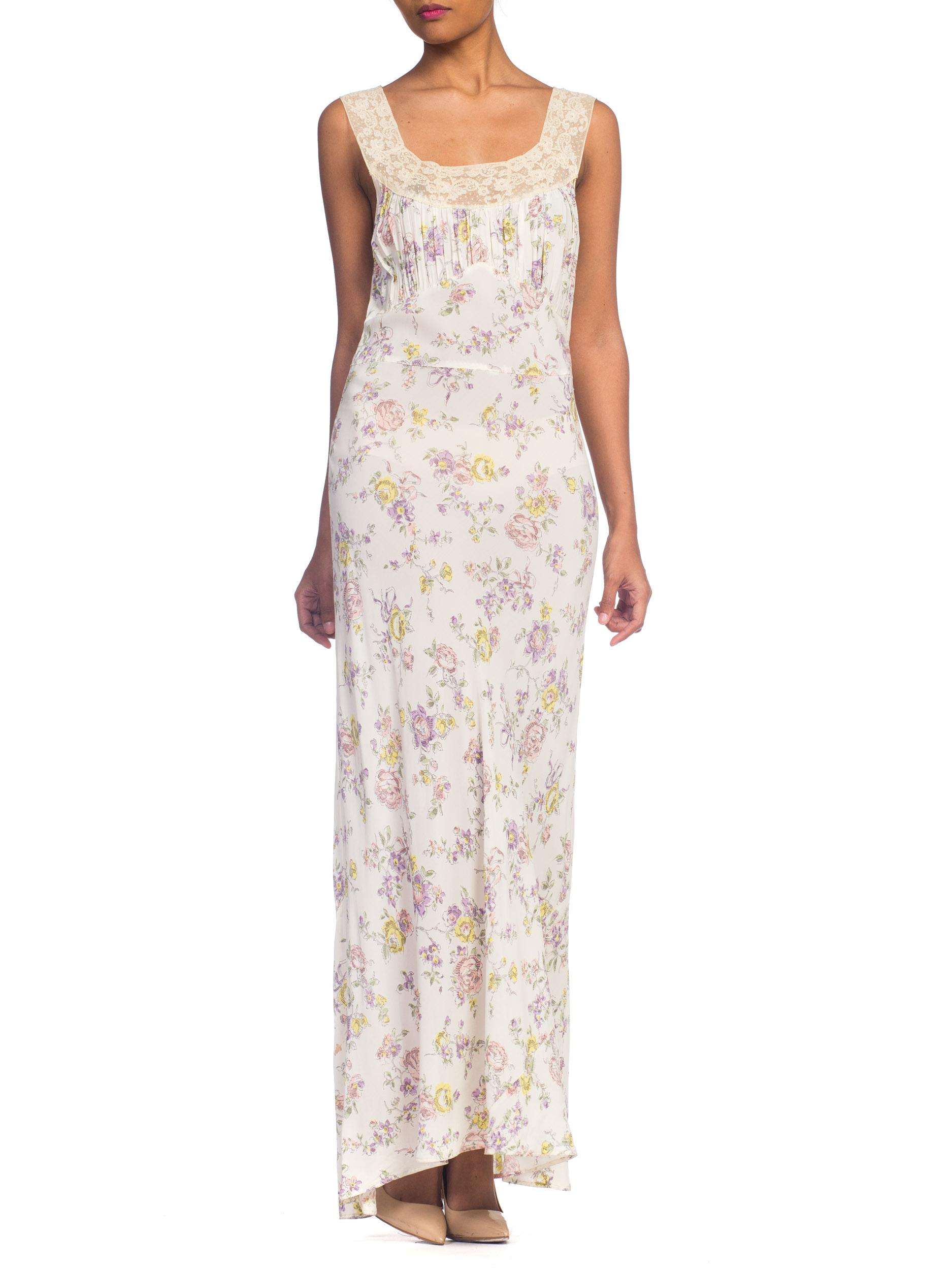 1930s Bias Cut Floral Rayon & Lace Negligee Slip Dress 6