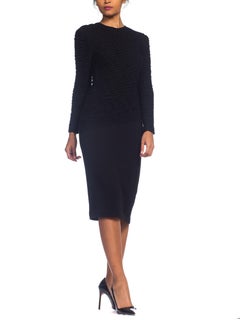 1980S LOUIS FERAUD Black Wool Jersey Long Sleeve Ruched Sweater Dress