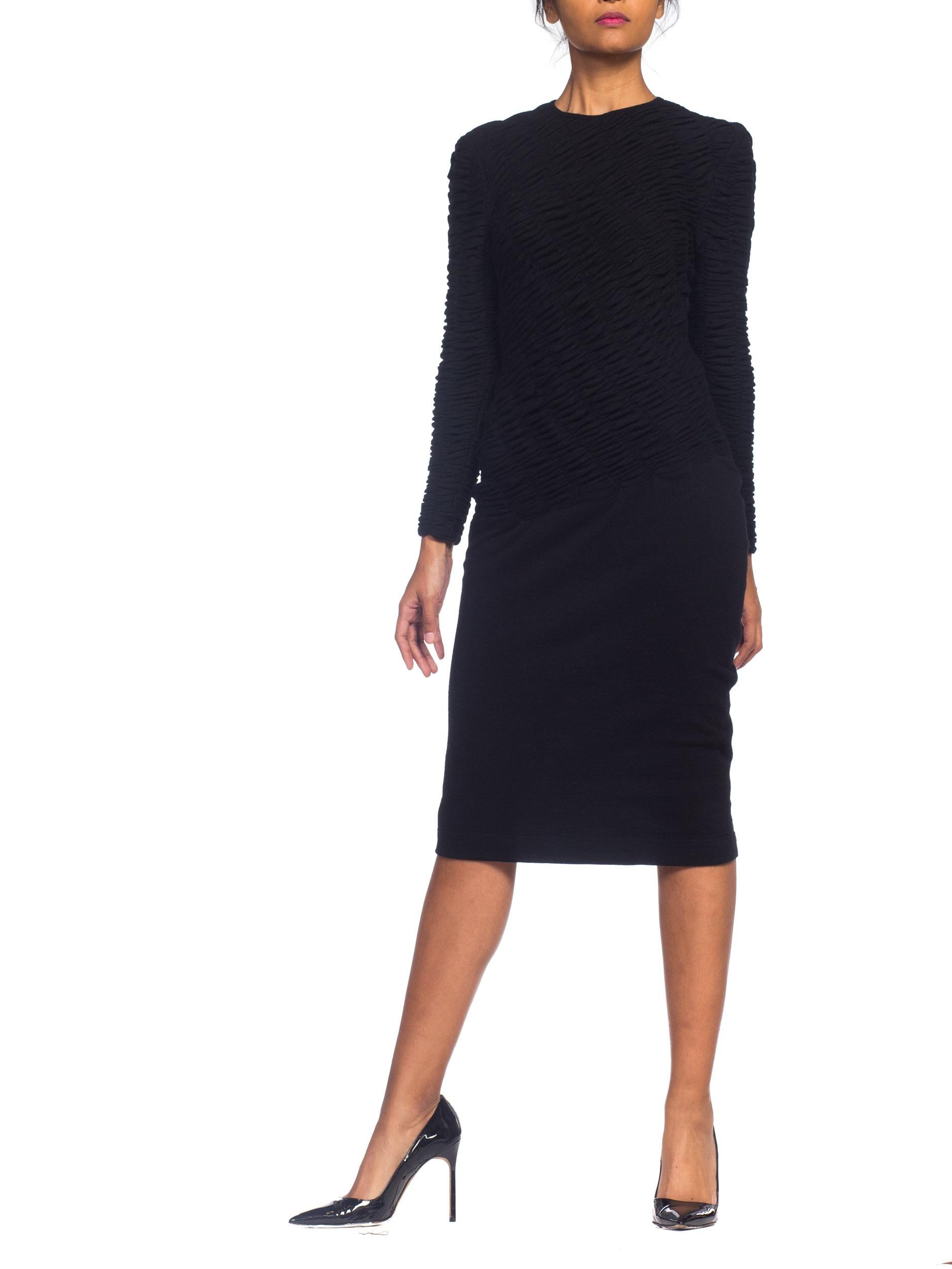 1980S LOUIS FERAUD Black Wool Jersey Long Sleeve Ruched Sweater Dress In Excellent Condition In New York, NY