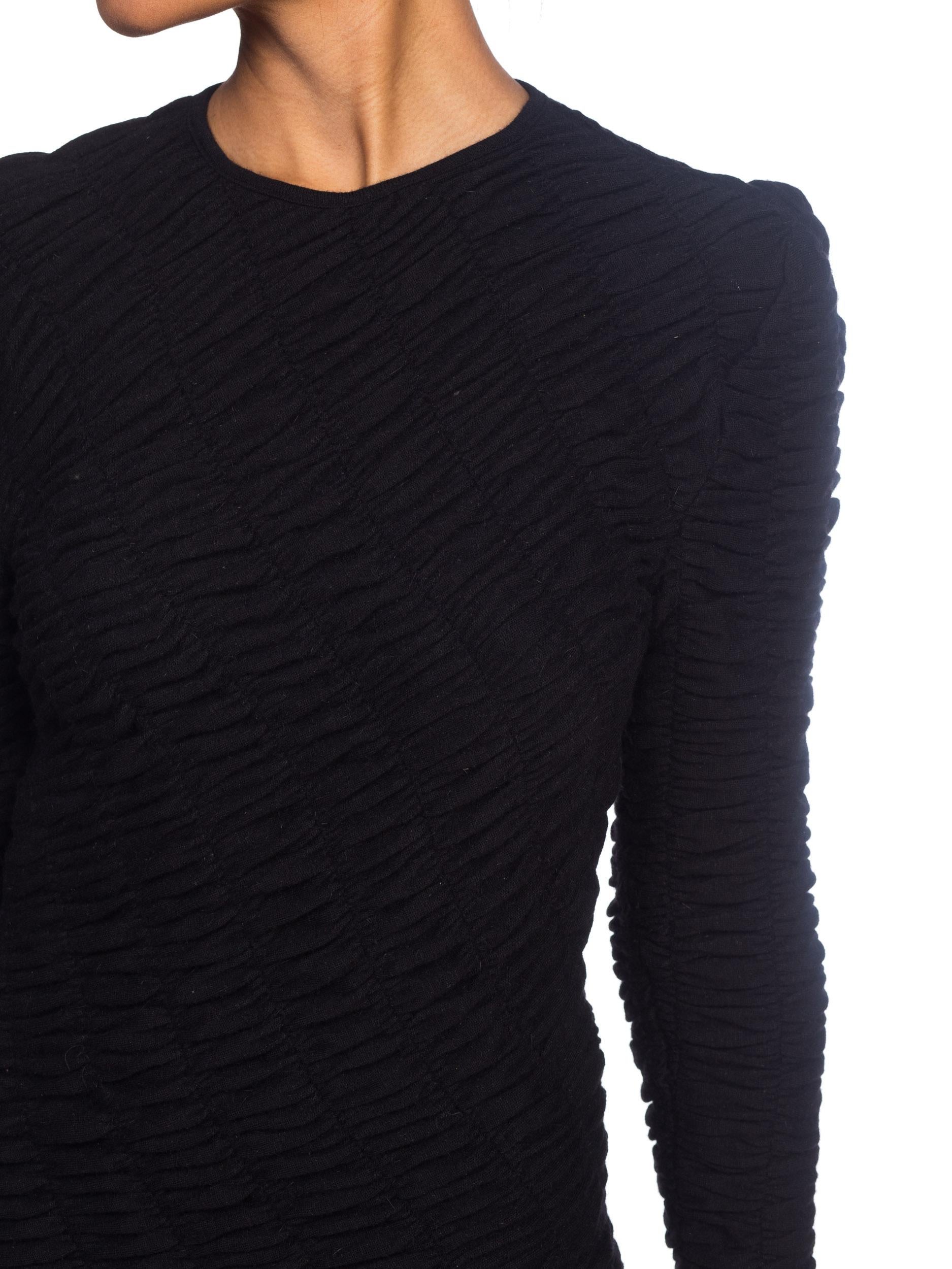 Women's 1980S LOUIS FERAUD Black Wool Jersey Long Sleeve Ruched Sweater Dress