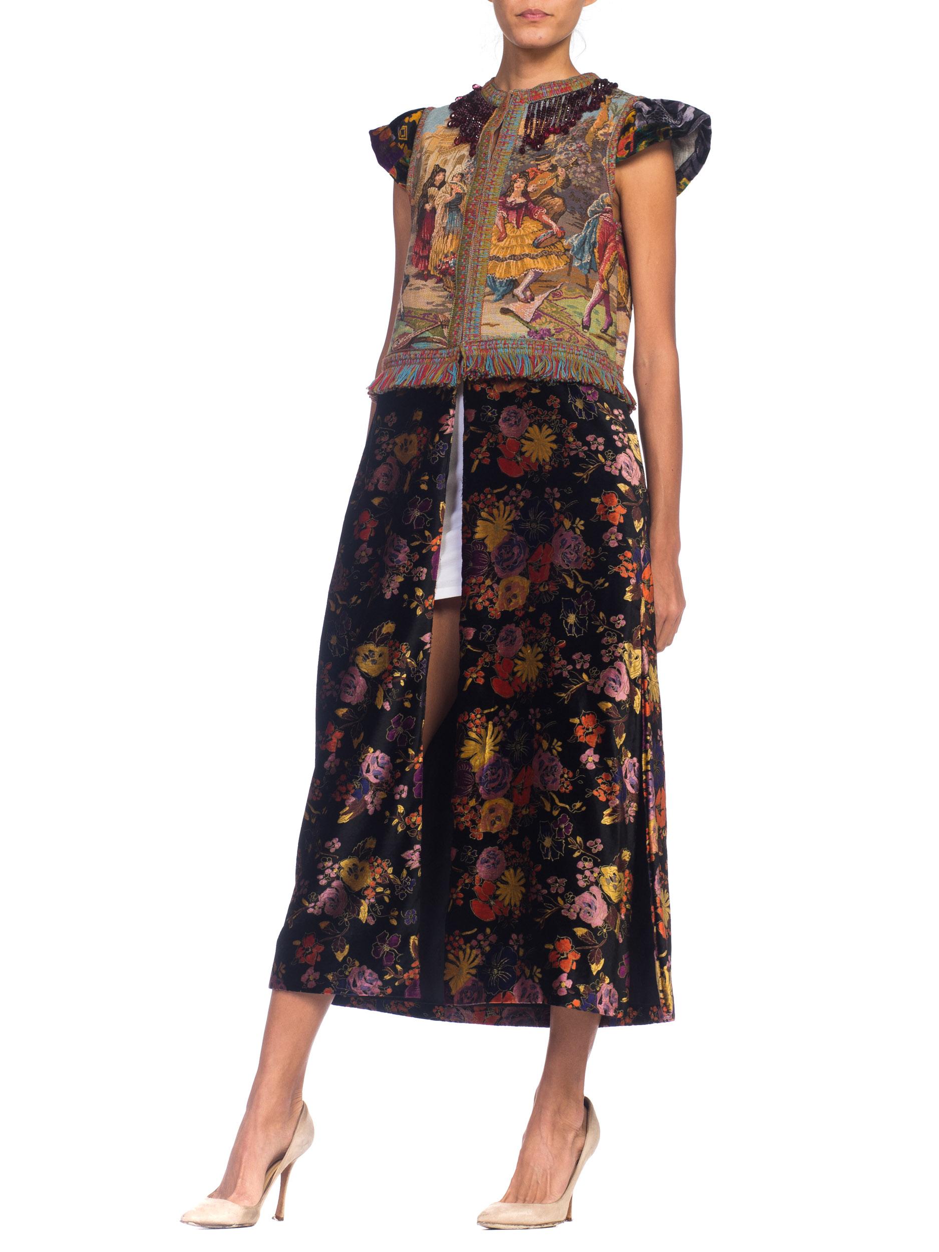 MORPHEW COLLECTION Rayon & Cotton Velvet  Duster Vest With Spanish Scenic Tapestry Beaded Fringe