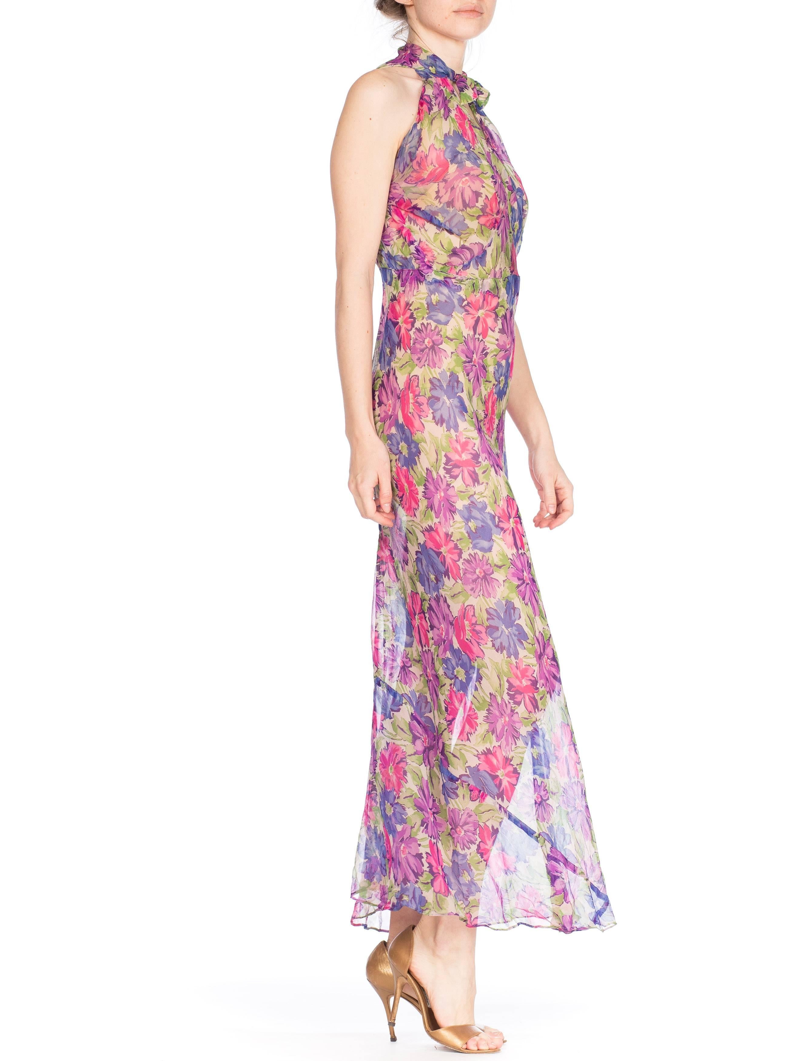 1930s Sheer Floral Silk Chiffon Bias Summer Dress (Beige)