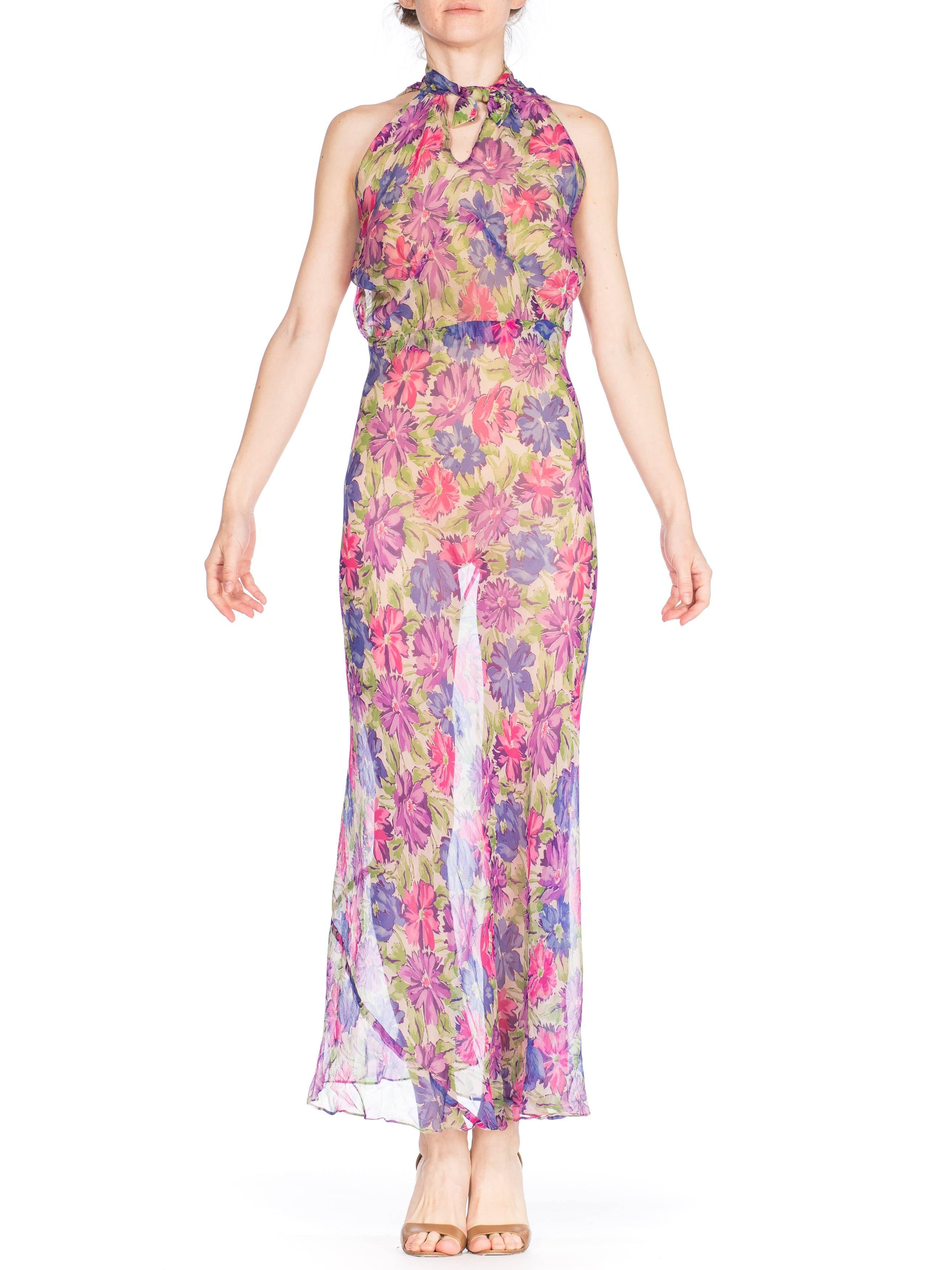 Beige 1930s Sheer Floral Silk Chiffon Bias Summer Dress