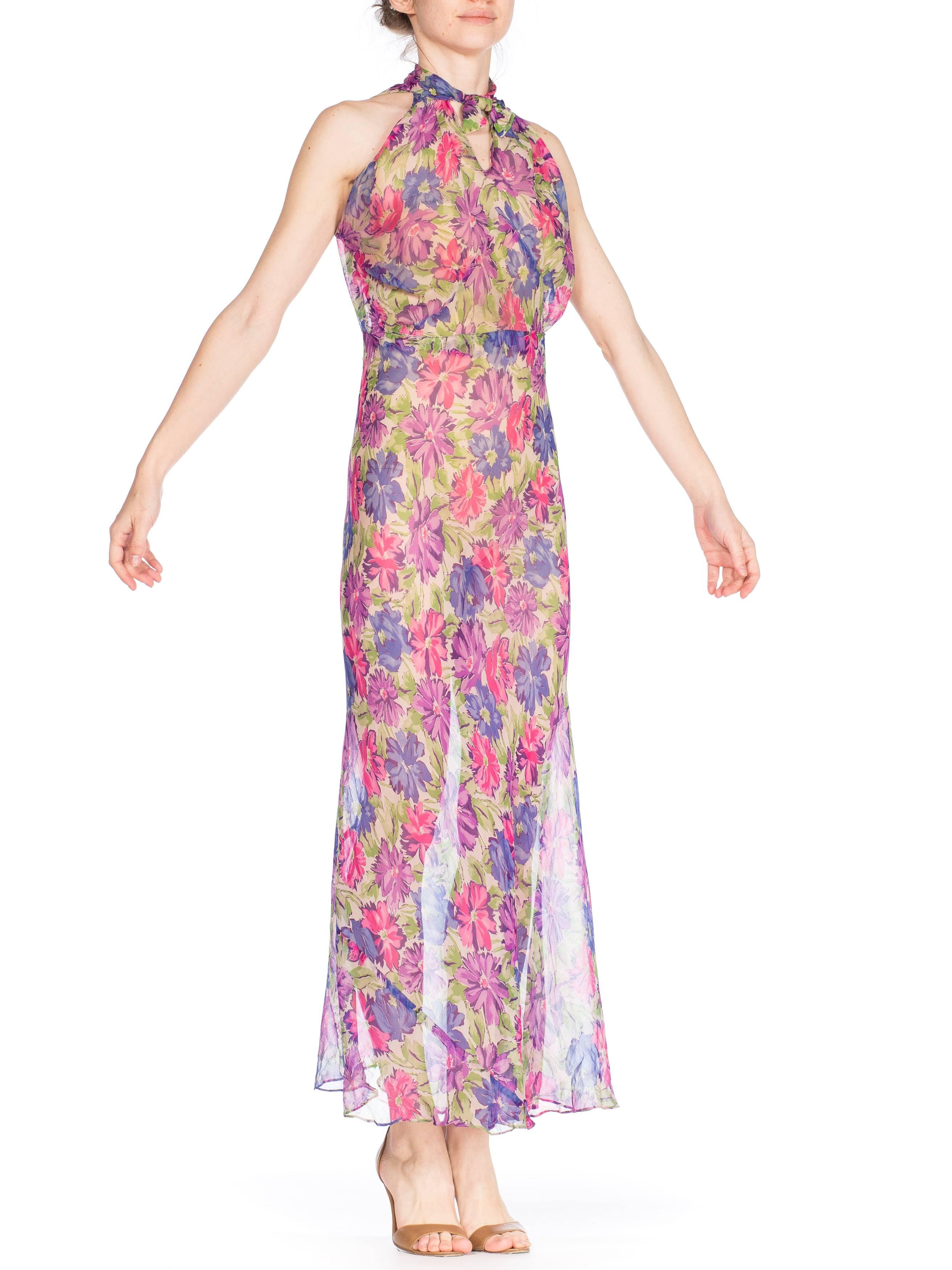 1930s Sheer Floral Silk Chiffon Bias Summer Dress In Excellent Condition In New York, NY