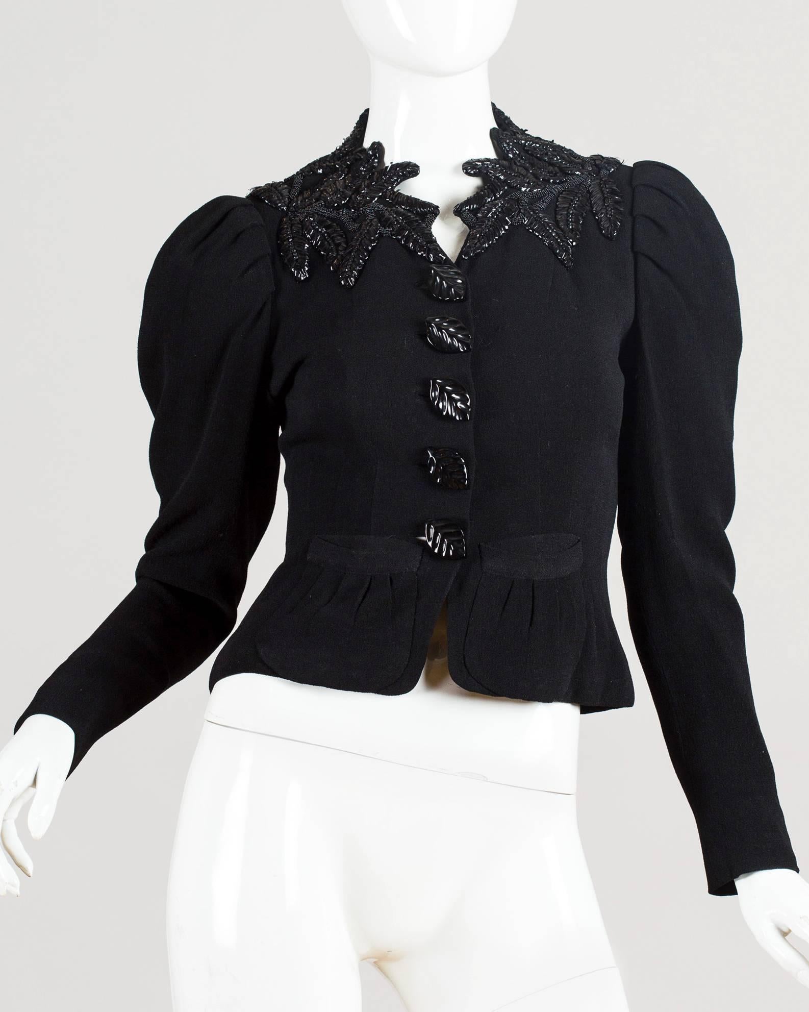 1930S  ELSA SCHIAPARELLI Black Haute Couture Silk Crepe Pagan Collection Embroidered Jacket With Large Leaf Buttons