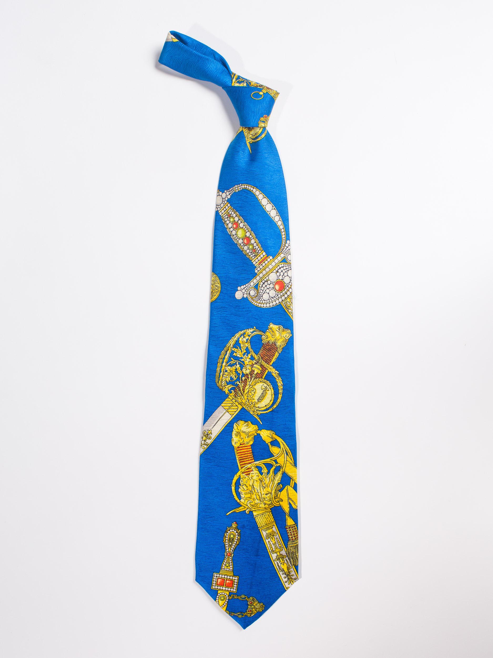 1990S  GIANNI VERSACE Cobalt Blue Mens Silk Tie With Gold Swords In Excellent Condition In New York, NY