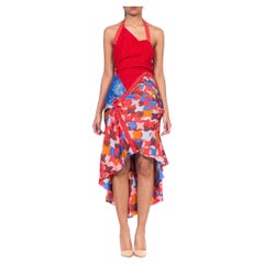 MORPHEW ATELIER Red & Blue Silk Lace Dress With Zippers Snakeskin Detailing