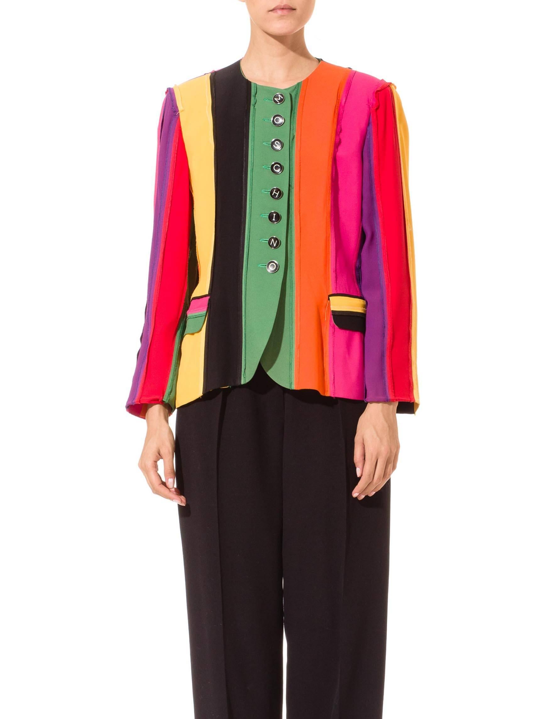 Known for his witty and provocative designs, Franco Moschino made a splash on fashion when he founded his Moschino Couture! Brand in 1983. This colorful jacket from the 90s is totally true to the brand ethos. It has black buttons in the style of old