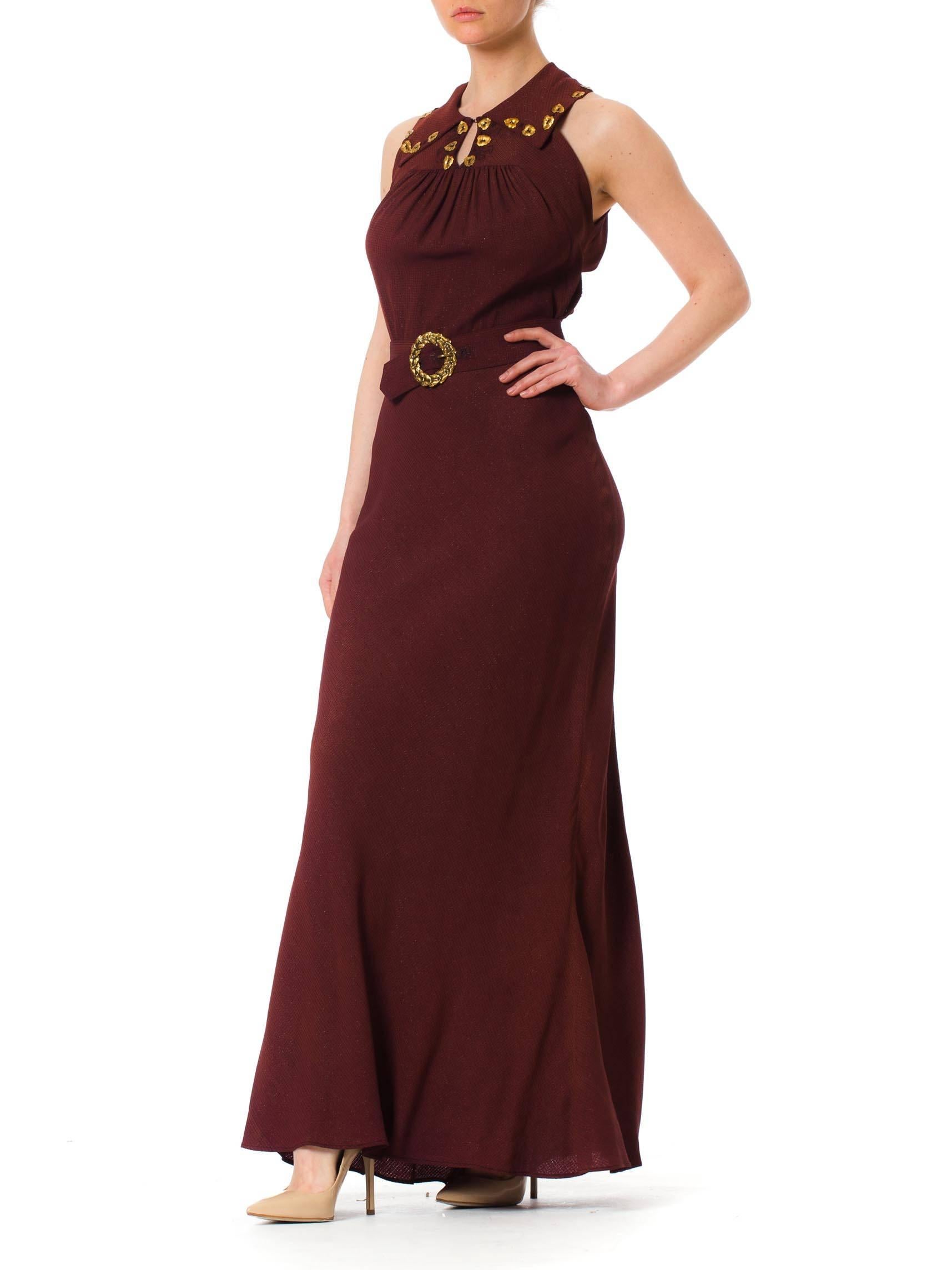 Women's 1930S Russet Brown Bias Cut Rayon & Lurex Crepe Gown With Schiaparelli Style Br For Sale