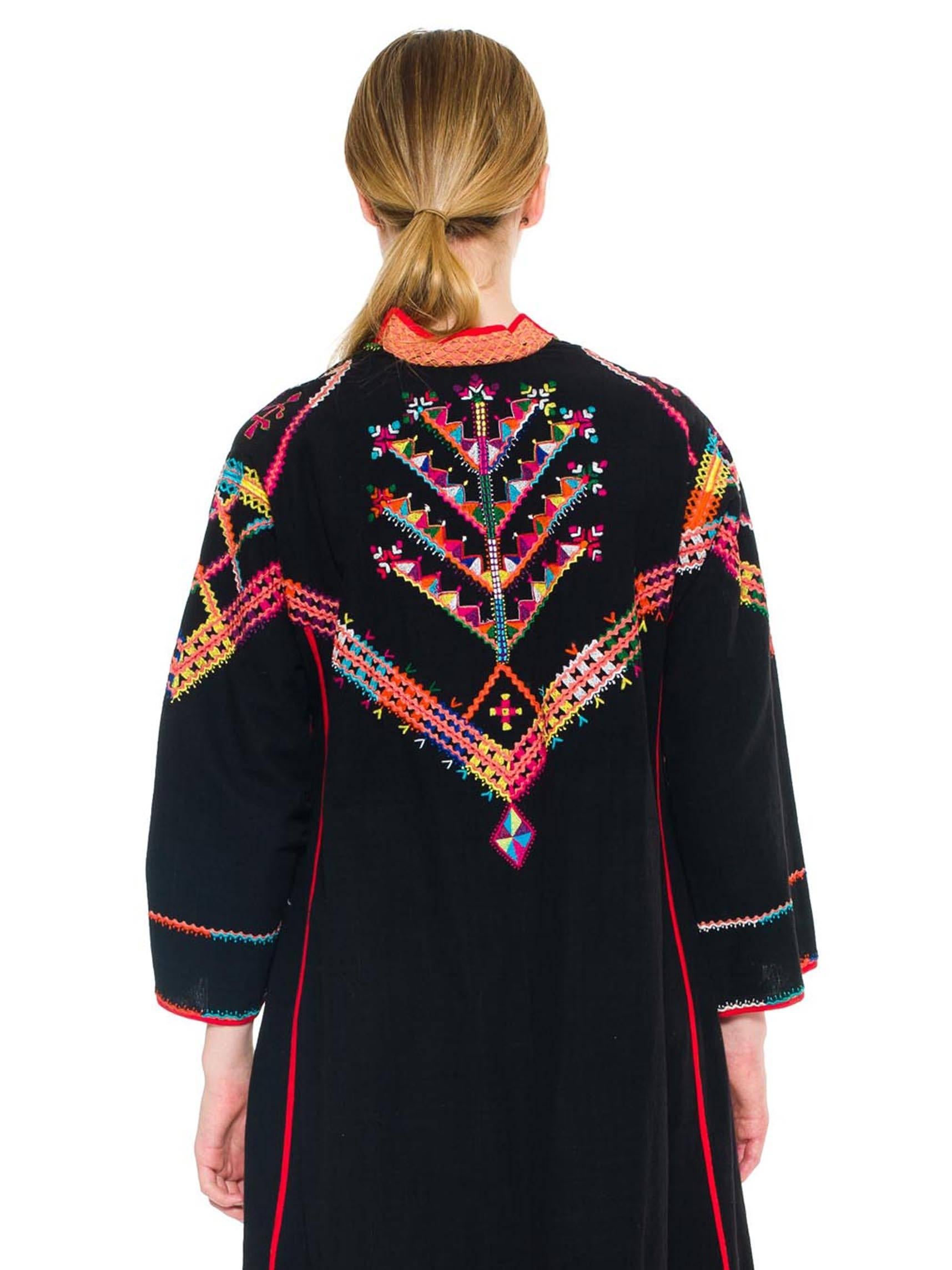 Women's 1960S Black Multicolored Powerful Long Embroidered Cloak Kaftan