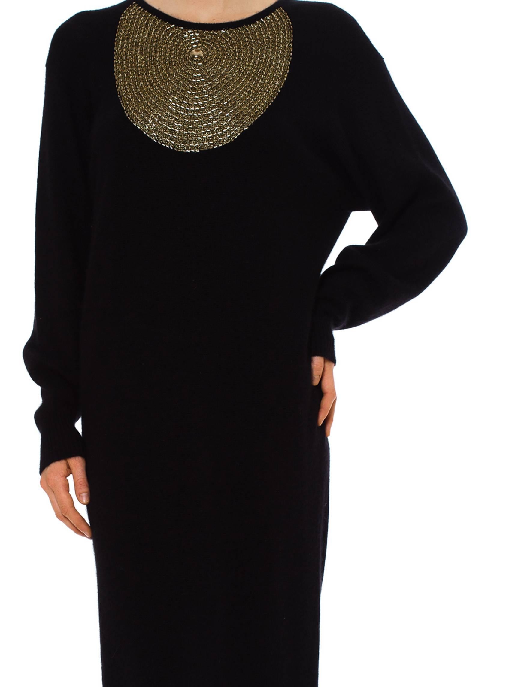 Women's 1990S KRIZIA Black Angora & Wool Knit Sweater Dress With Gold Beadwork For Sale