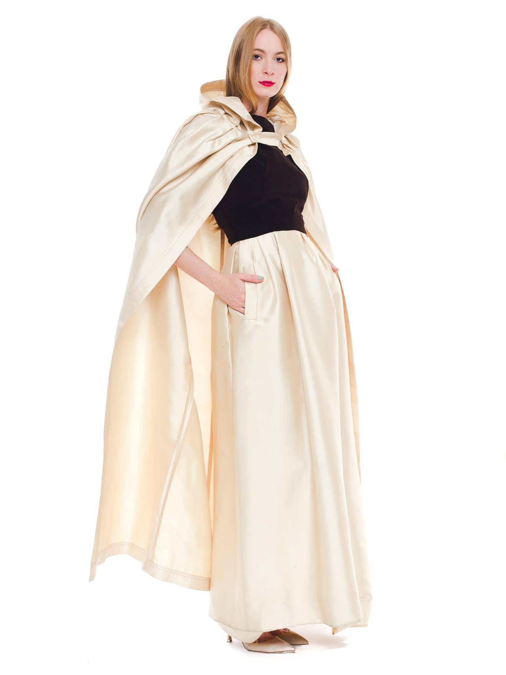 1950S NINA RICCI Ivory Silk & Brown Velvet Gown With Evening Cape For Sale 1