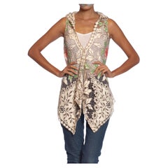 MORPHEW COLLECTION Ecru Cotton Lace Boho Hooded  Vest With Hand Painted Highlig