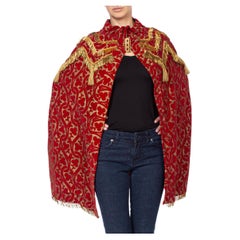 MORPHEW COLLECTION Red Metallic Printed Velvet Silk Lined Cape With Real Gold B
