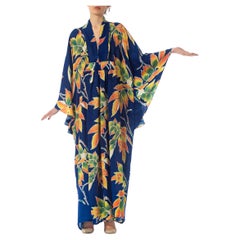 MORPHEW COLLECTION Indigo Blue Tropical Floral Silk Kaftan Made From Vintage Ja