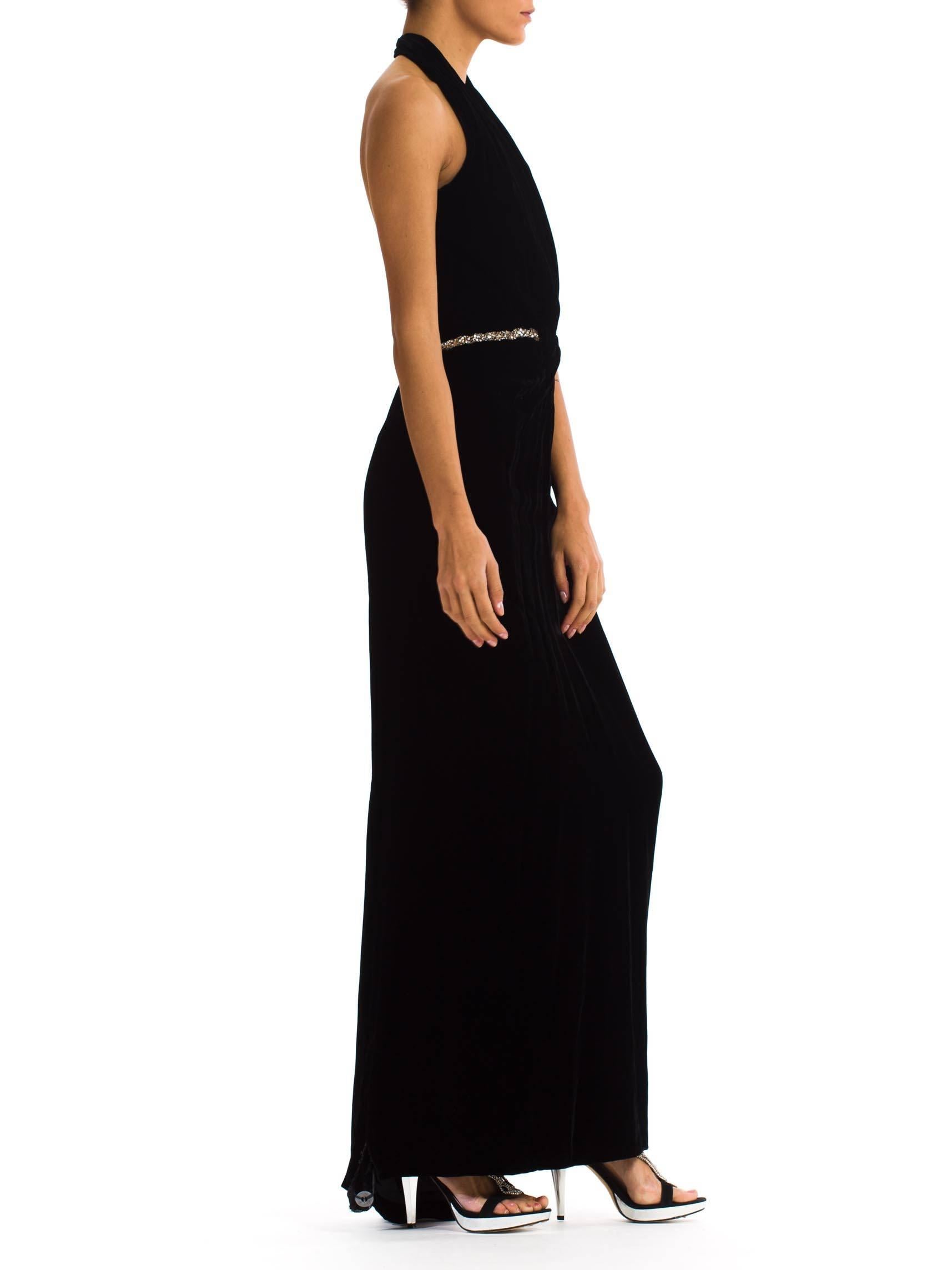 1970S CEIL CHAPMAN Black Rayon & Silk Velvet Plunging Halter Neck Gown With Sli In Excellent Condition For Sale In New York, NY