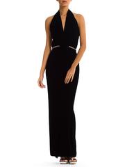 1970S CEIL CHAPMAN Black Rayon & Silk Velvet Plunging Halter Neck Gown With Sli