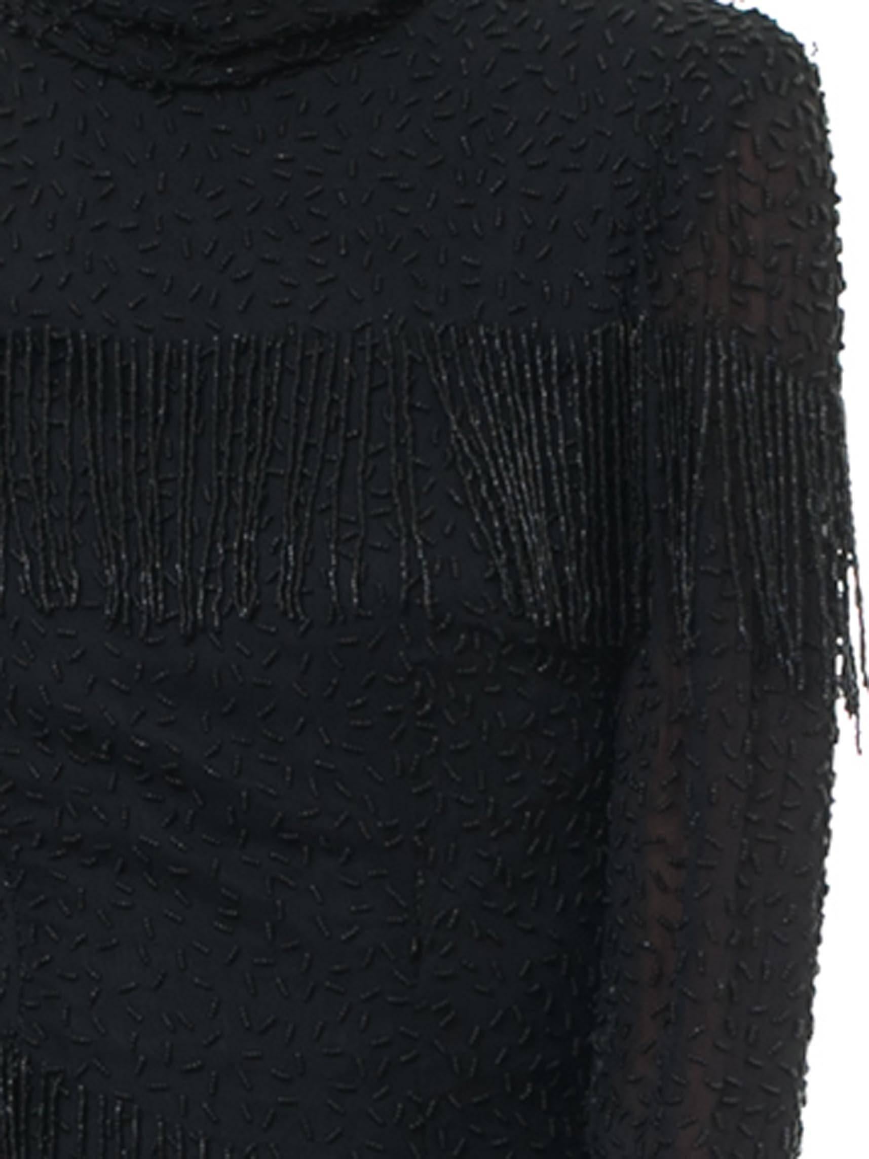 1980S BOB MACKIE Vestido de manga larga de gasa de seda negro con cuentas y flecos en venta 4
