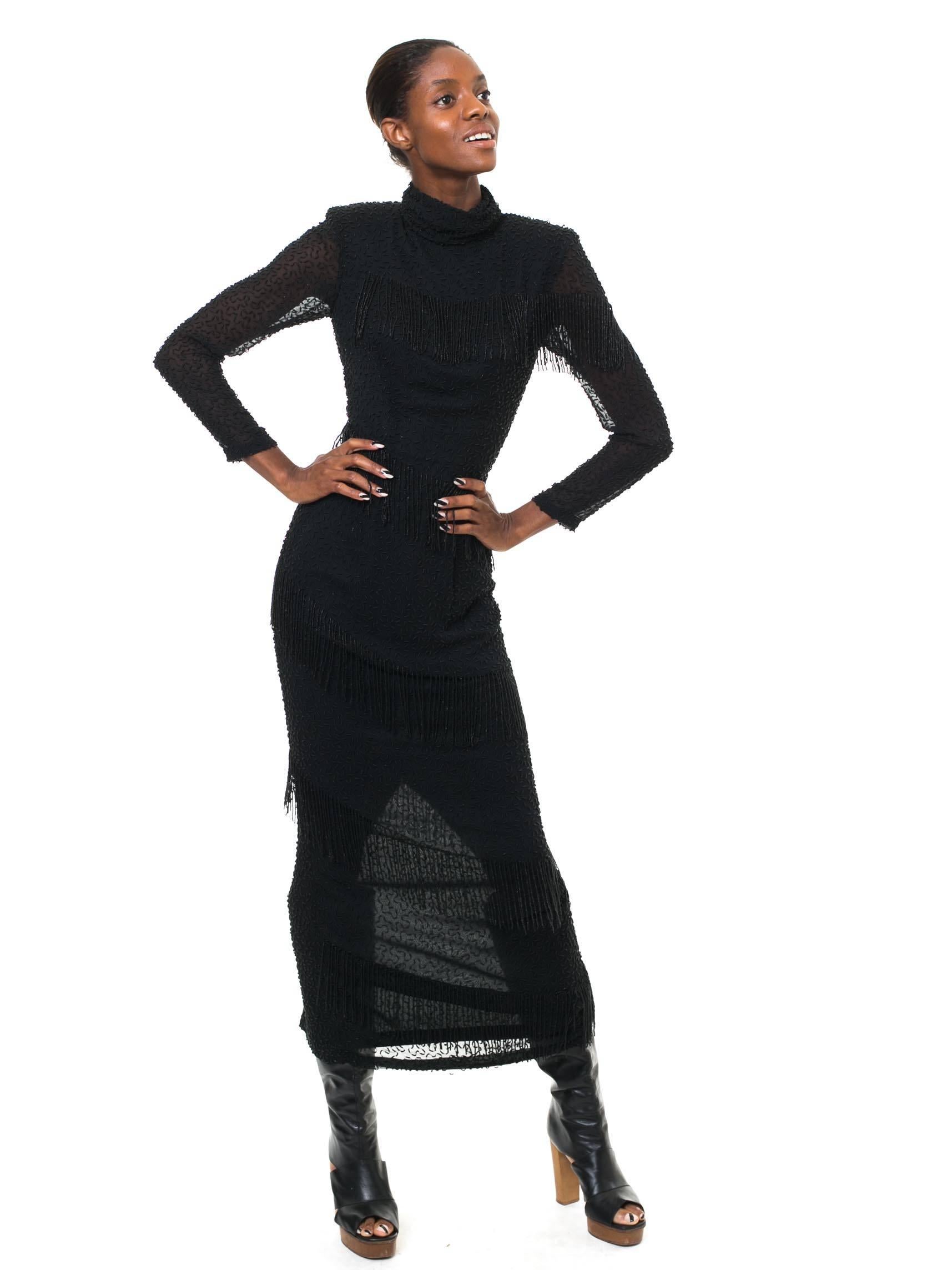 1980S BOB MACKIE Black Beaded Silk Chiffon Long Sleeve Gown With Fringe In Excellent Condition For Sale In New York, NY