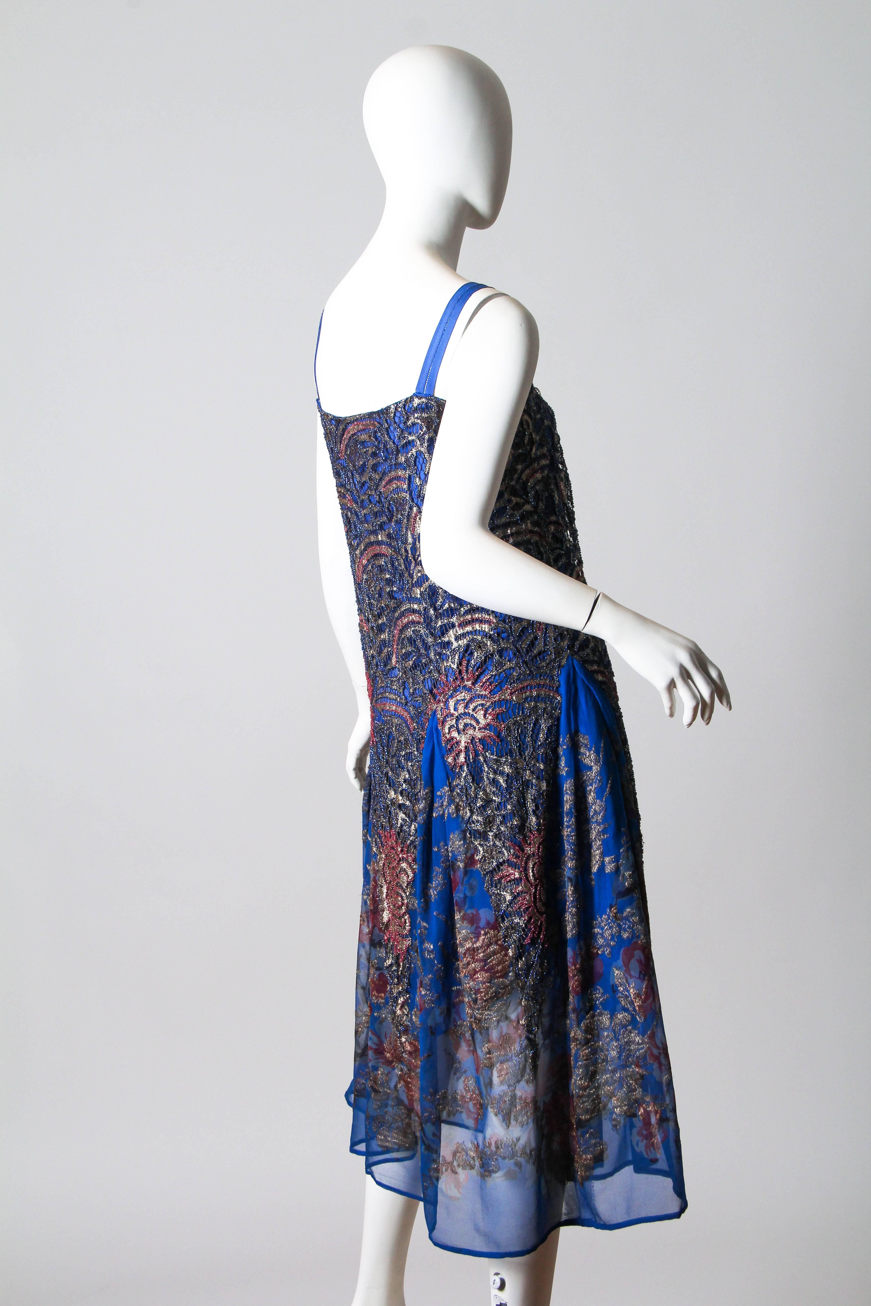 1920s Silver Lamé Lace and Chiffon Dress In Excellent Condition In New York, NY
