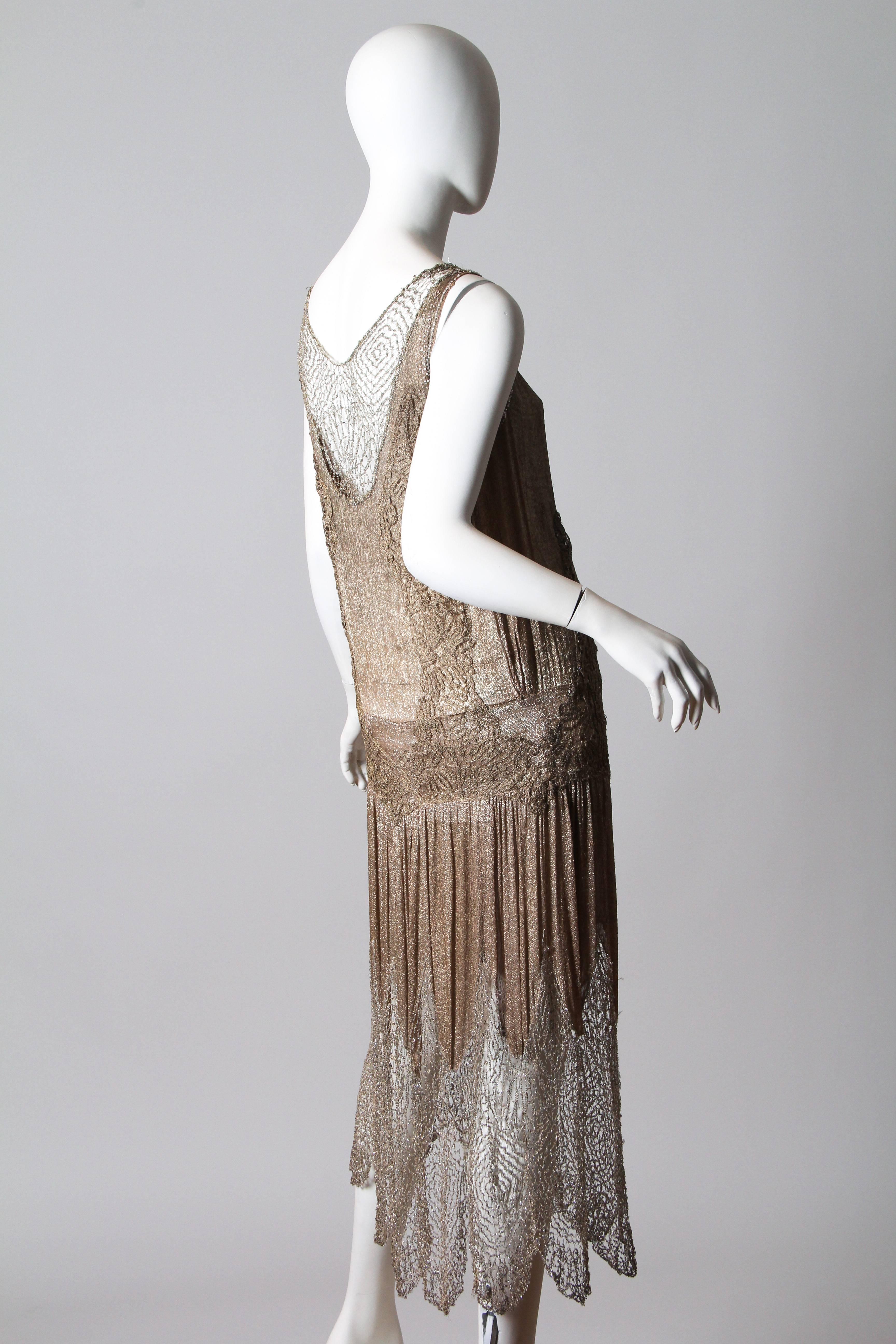 1920S Champagne Silver Silk Lamé Cocktail Dress With Beaded Spiderweb Metallic Lace