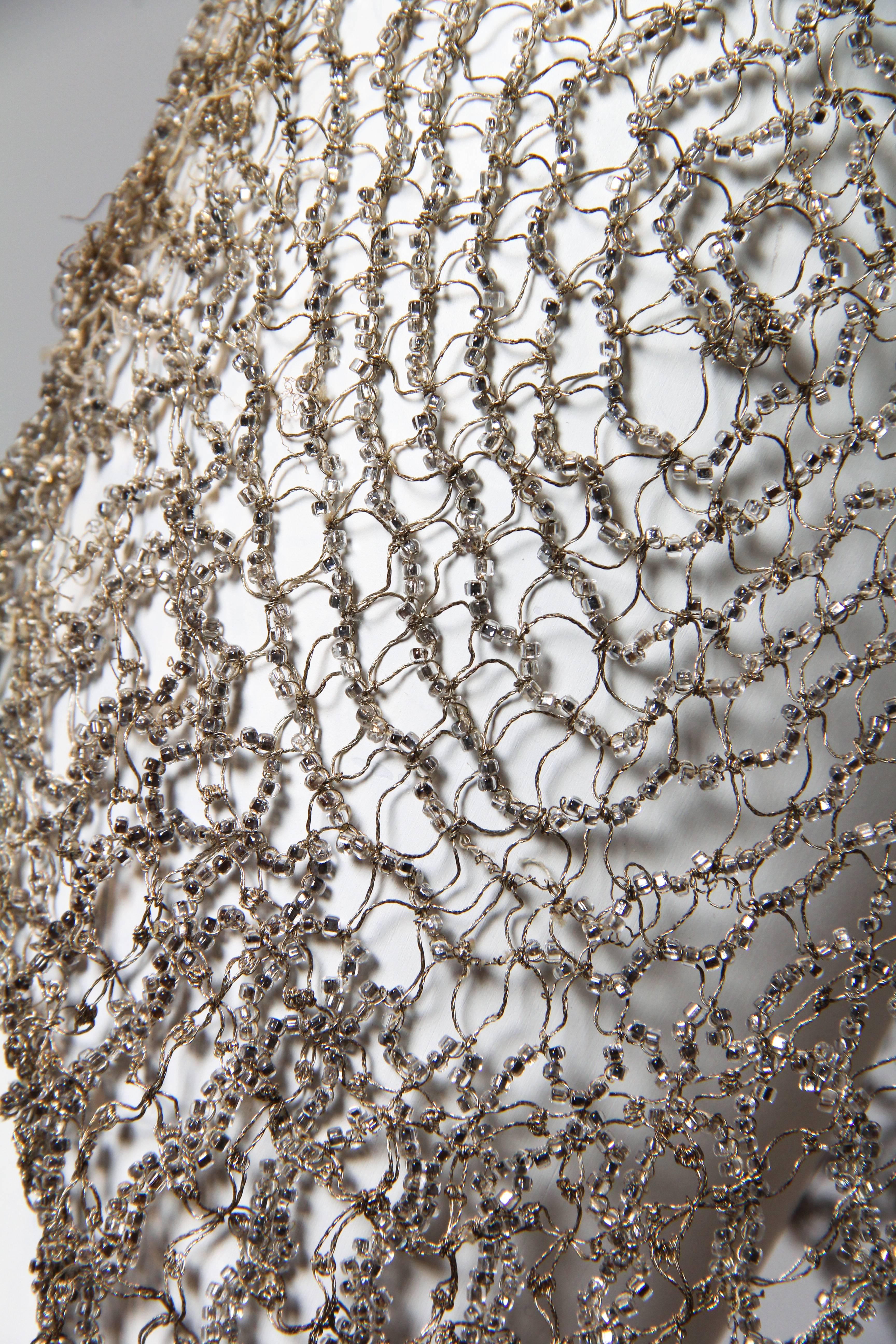 1920S Champagne Silver Silk Lamé Cocktail Dress With Beaded Spiderweb Metallic  For Sale 2