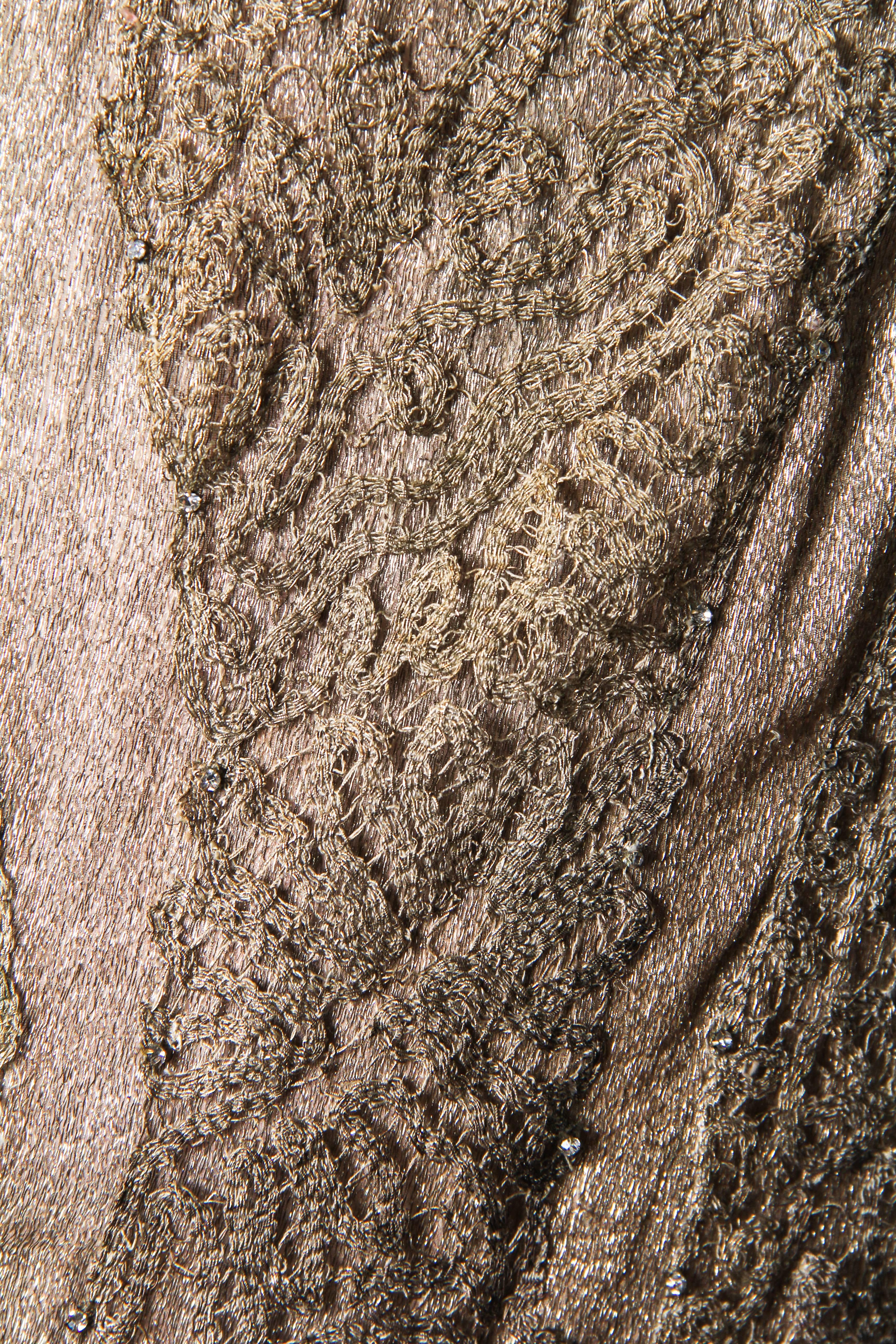 1920S Champagne Silver Silk Lamé Cocktail Dress With Beaded Spiderweb Metallic 1