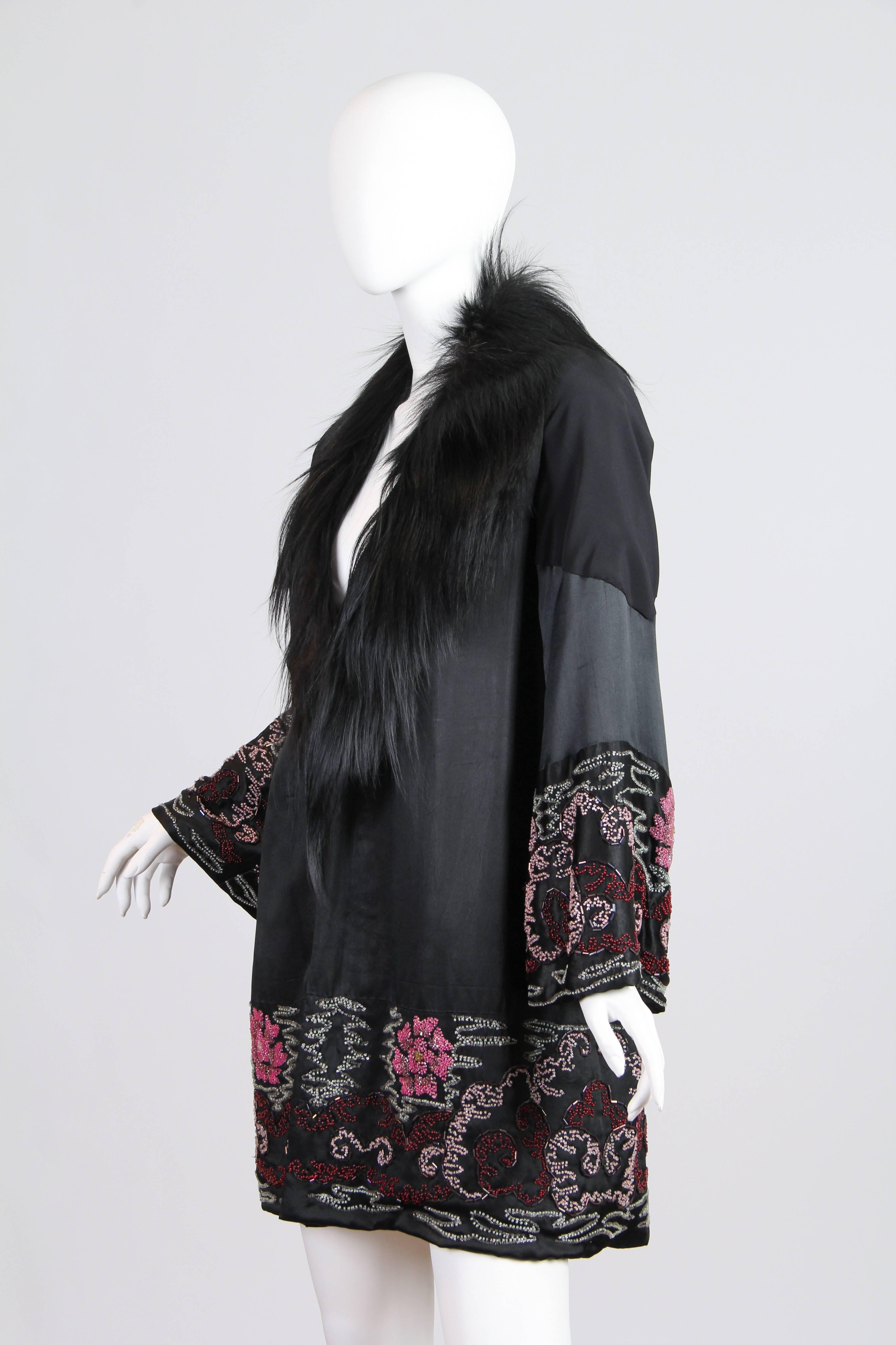 Black 1920s Beaded Silk Coat with Fur Collar