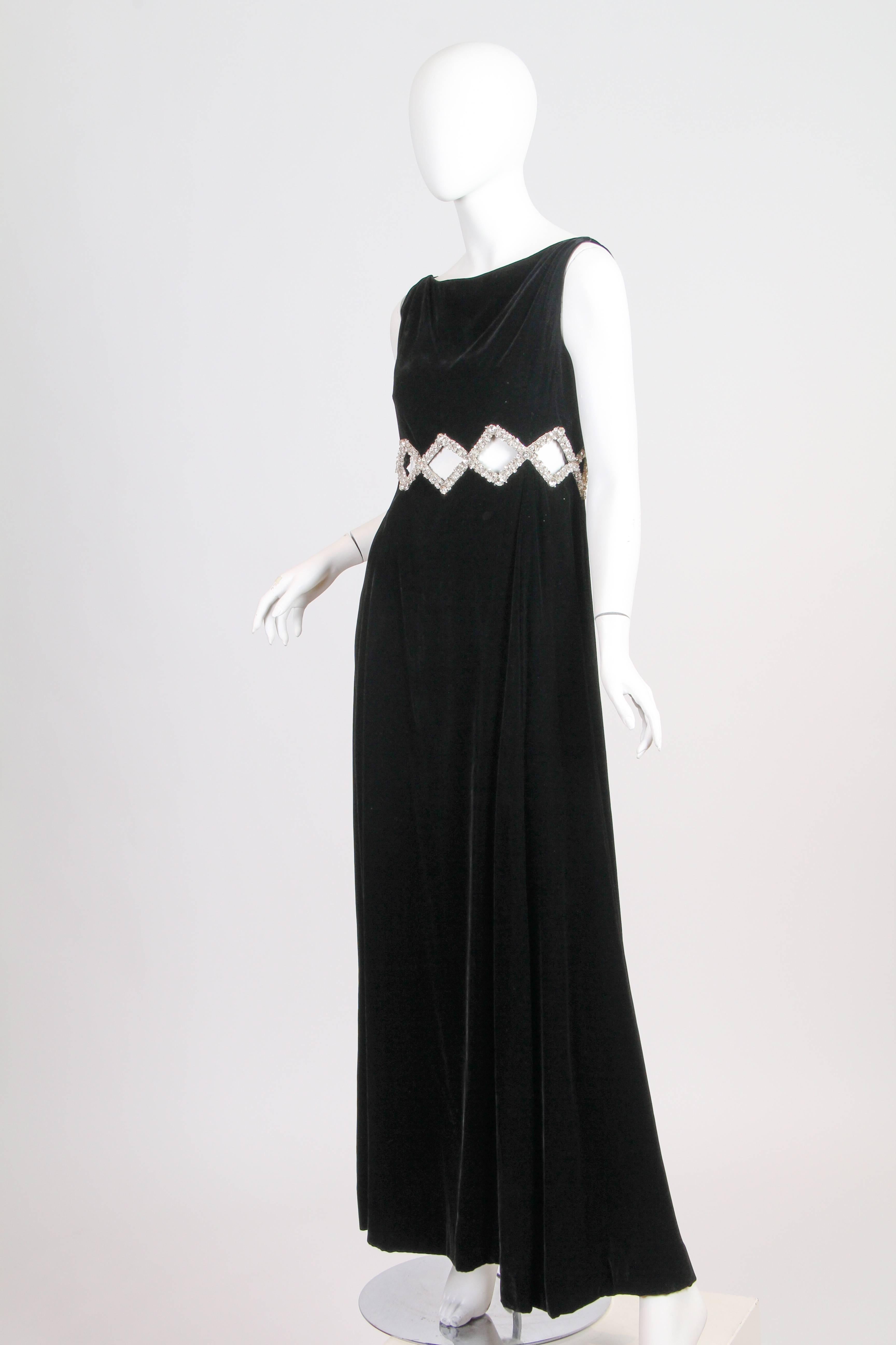 Black 1960s Velvet Gown with Crystal Bordered Cut-outs