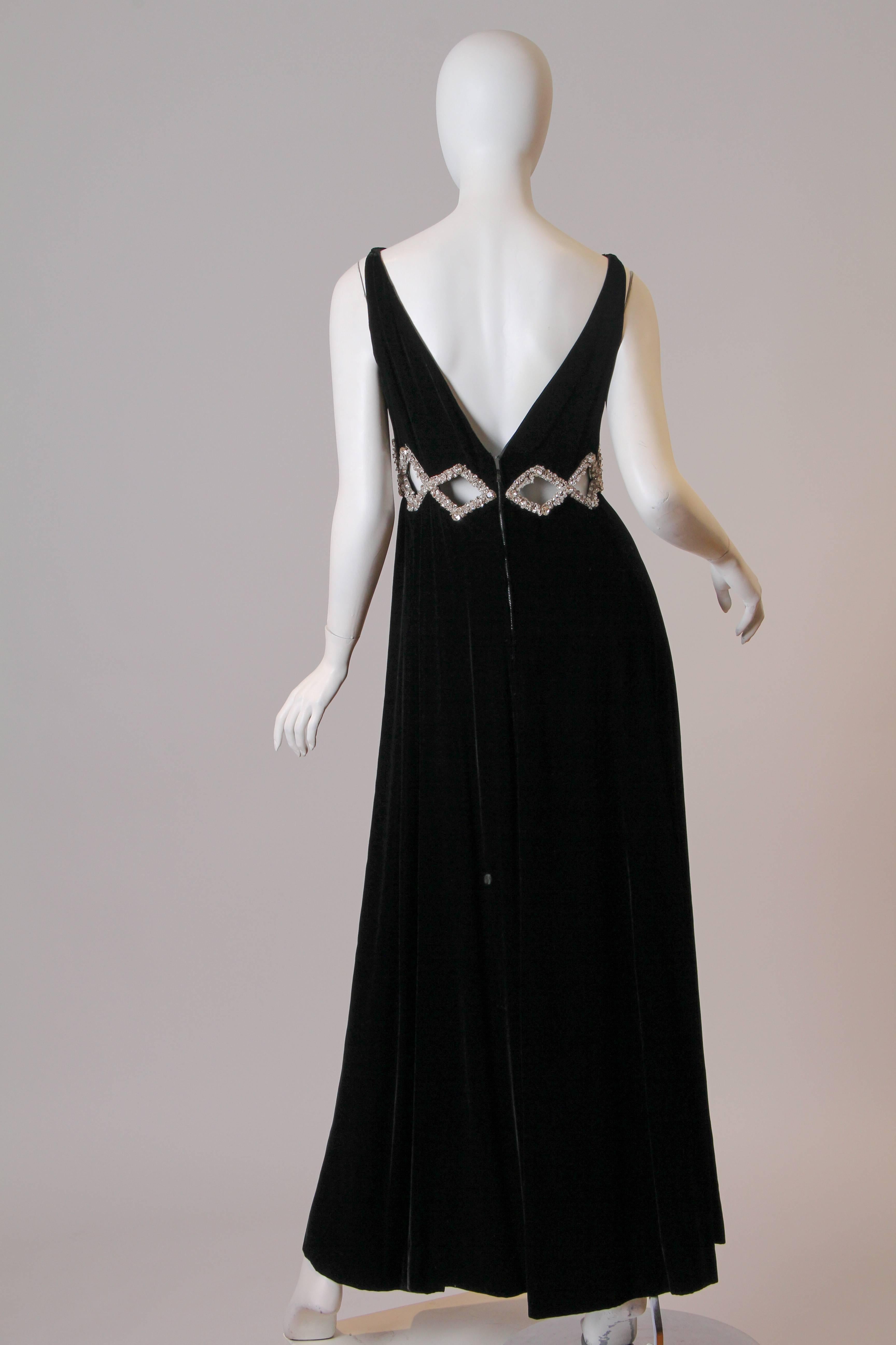 1960s Velvet Gown with Crystal Bordered Cut-outs In Excellent Condition In New York, NY