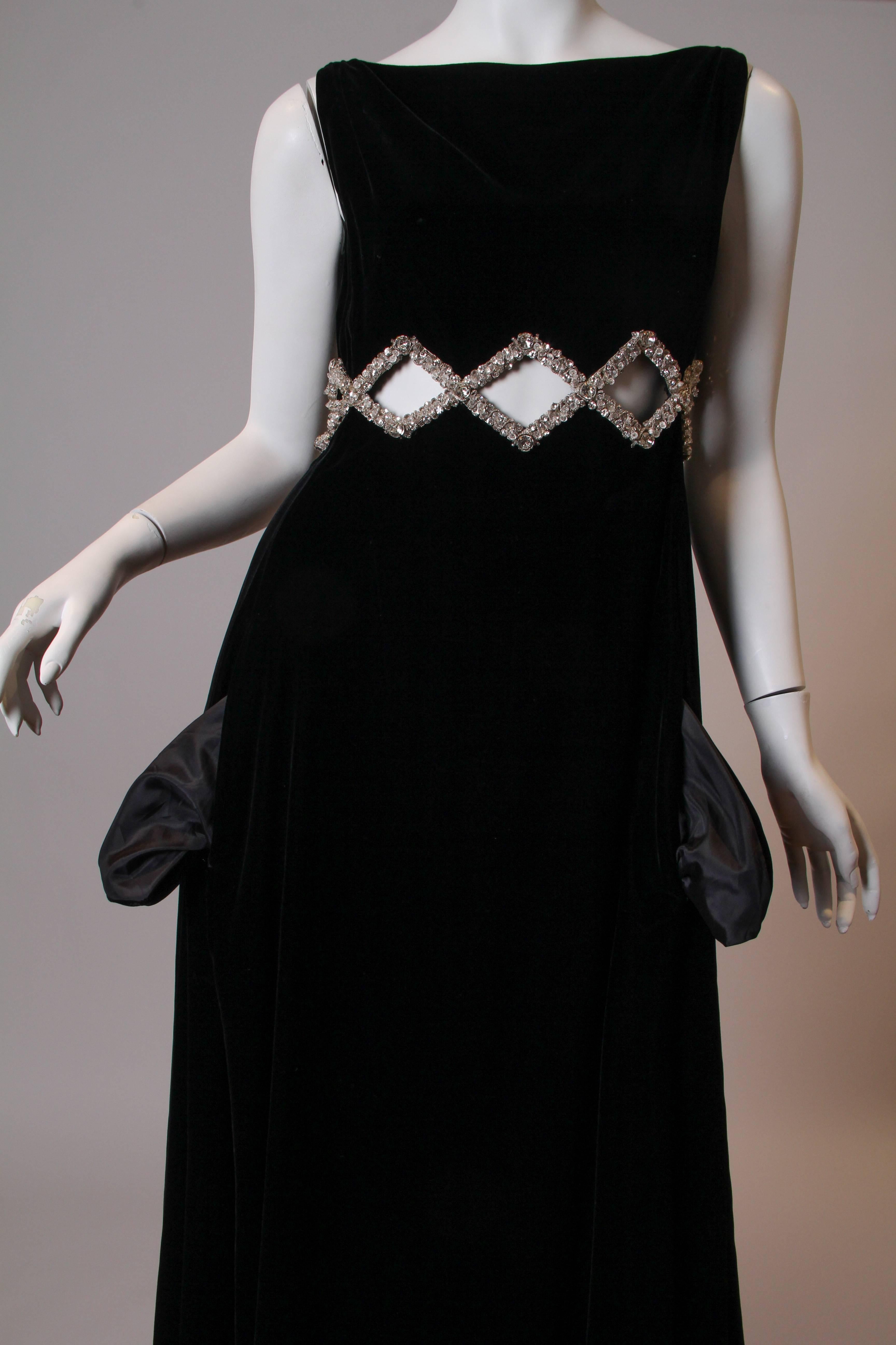 Women's 1960s Velvet Gown with Crystal Bordered Cut-outs