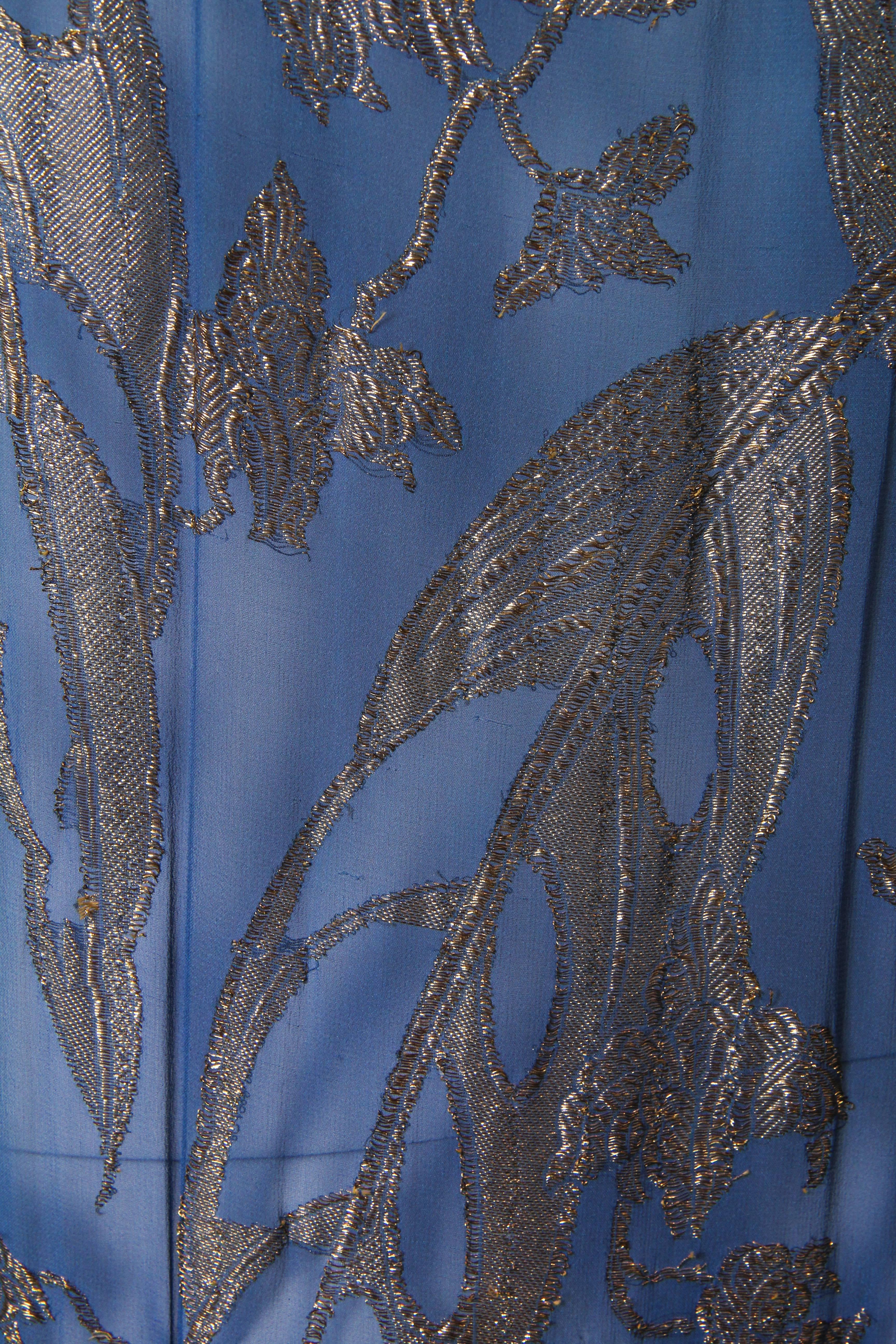 1920S Dusty Blue Silver Lamé Silk Fil Coupé  Low Cut Cocktail Dress 1