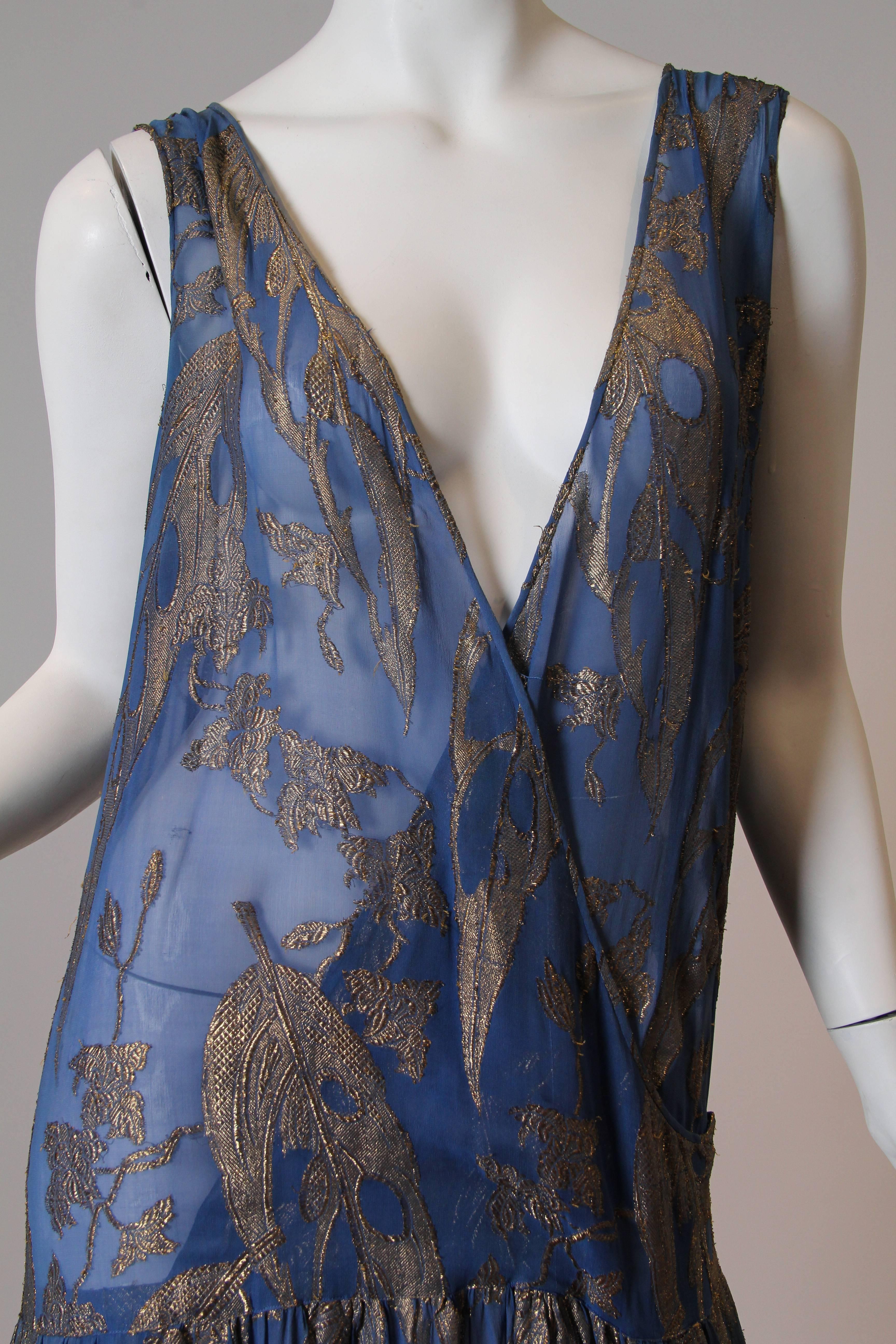 1920S Dusty Blue Silver Lamé Silk Fil Coupé  Low Cut Cocktail Dress In Excellent Condition In New York, NY