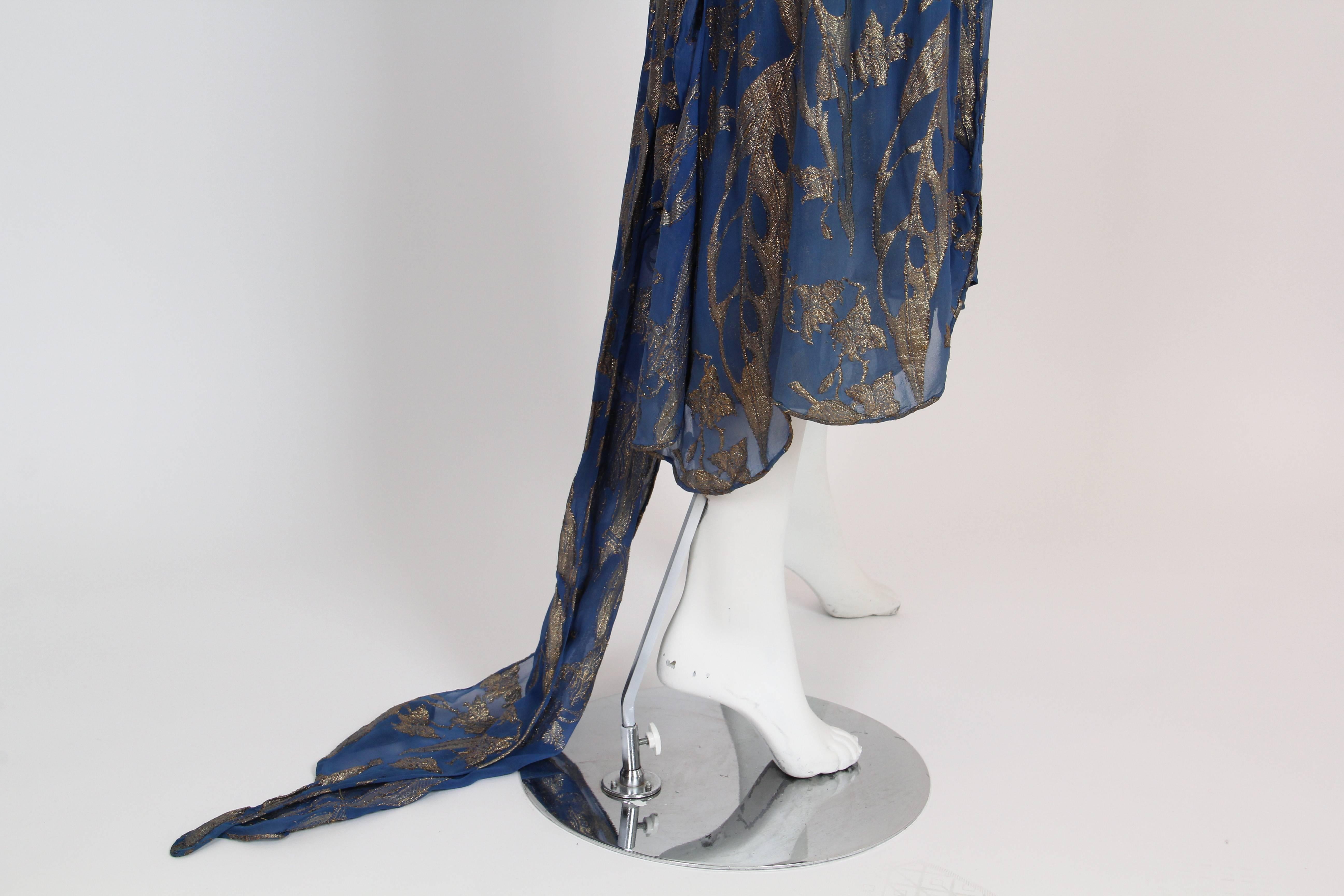 Black 1920S Dusty Blue Silver Lamé Silk Fil Coupé  Low Cut Cocktail Dress