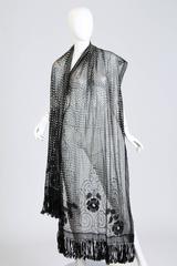 Floral Embroidered Silver Metal on Net Assuit Fringe Shawl