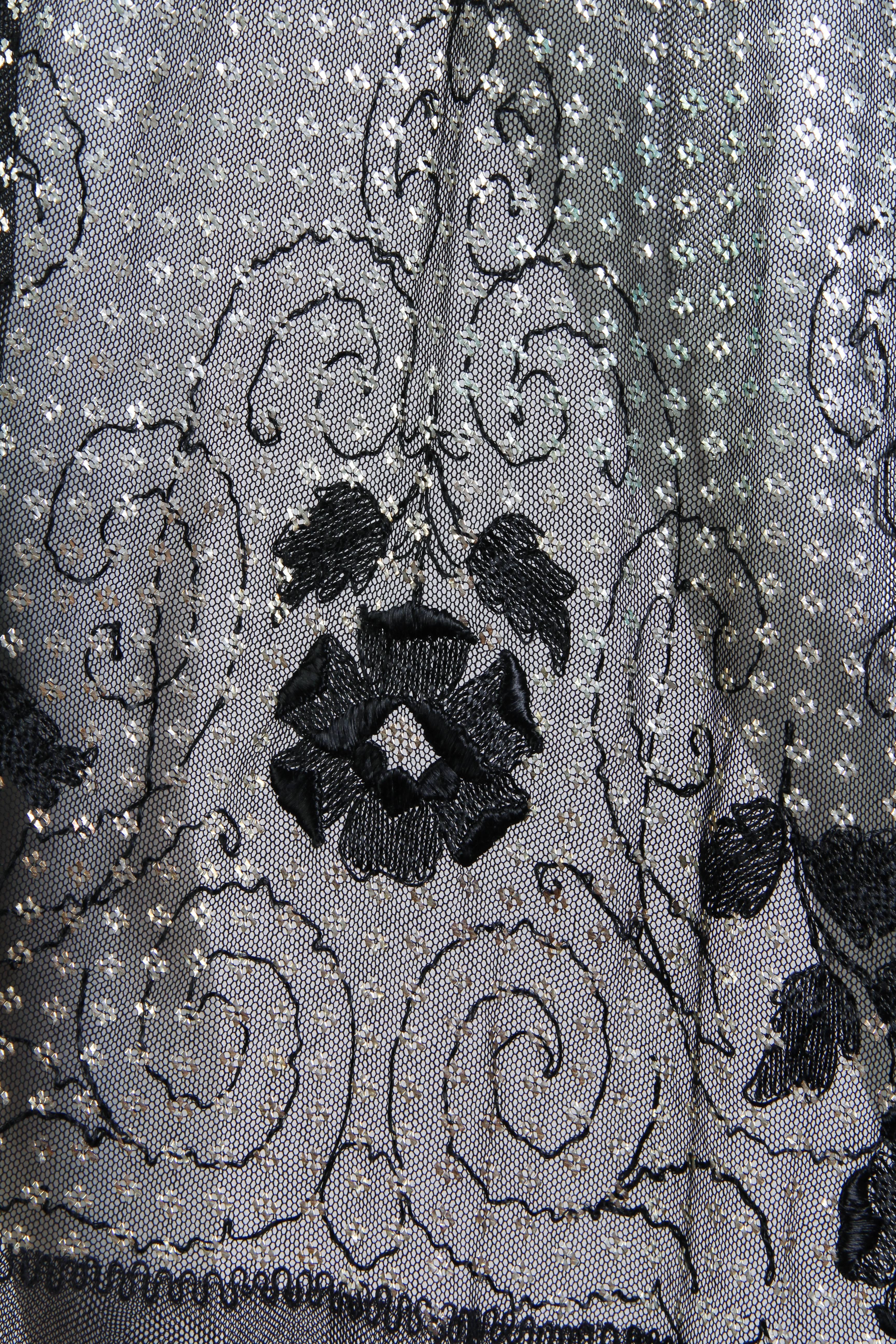 Floral Embroidered Silver Metal on Net Assuit Fringe Shawl 5