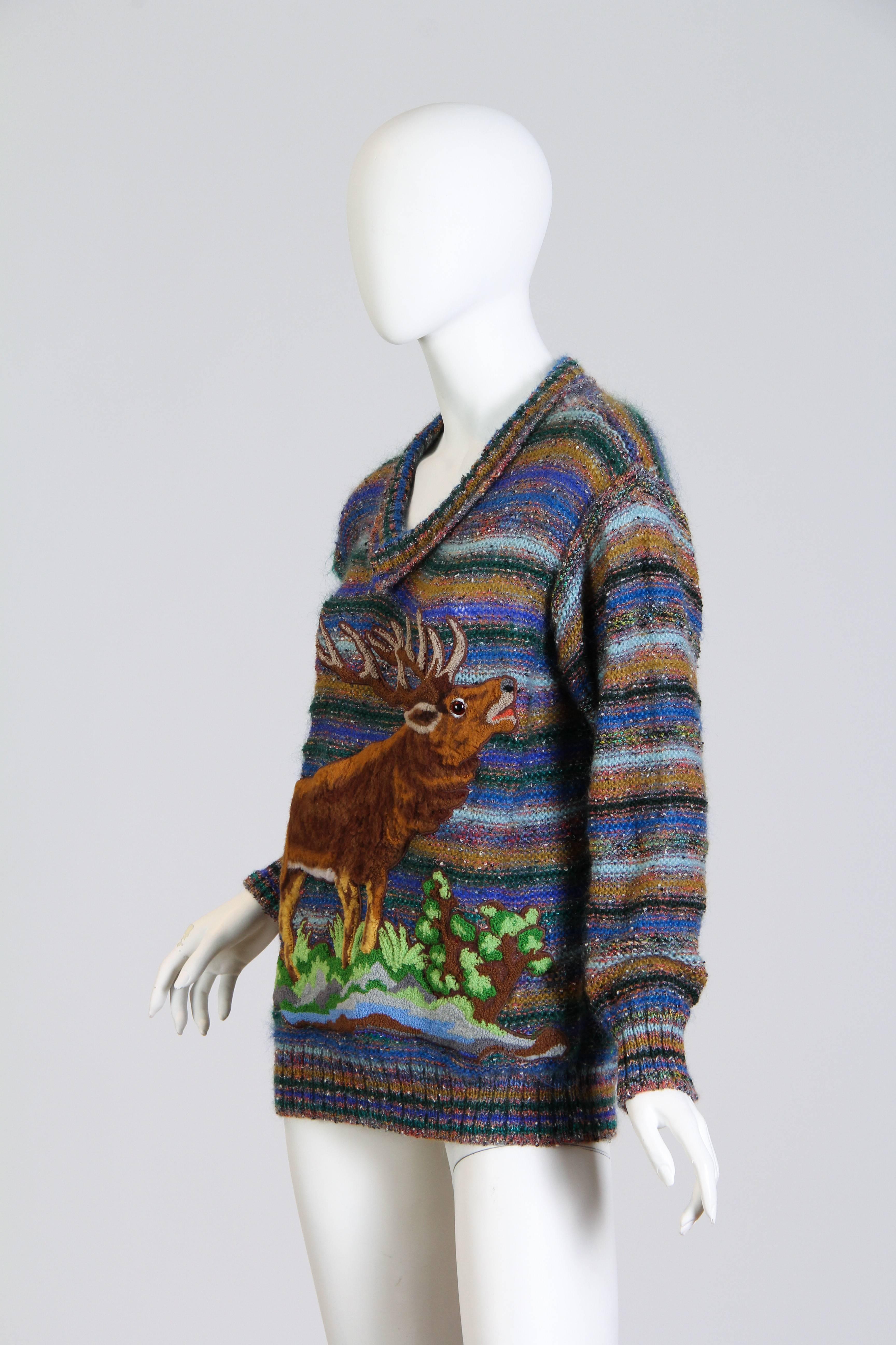This is a classic knit sweater with a high-fashion twist. Missoni is known for the technical expertise they combine with their fun and often irreverent design sense, and this piece is no exception. The main motif is a majestic bugling elk: a playful