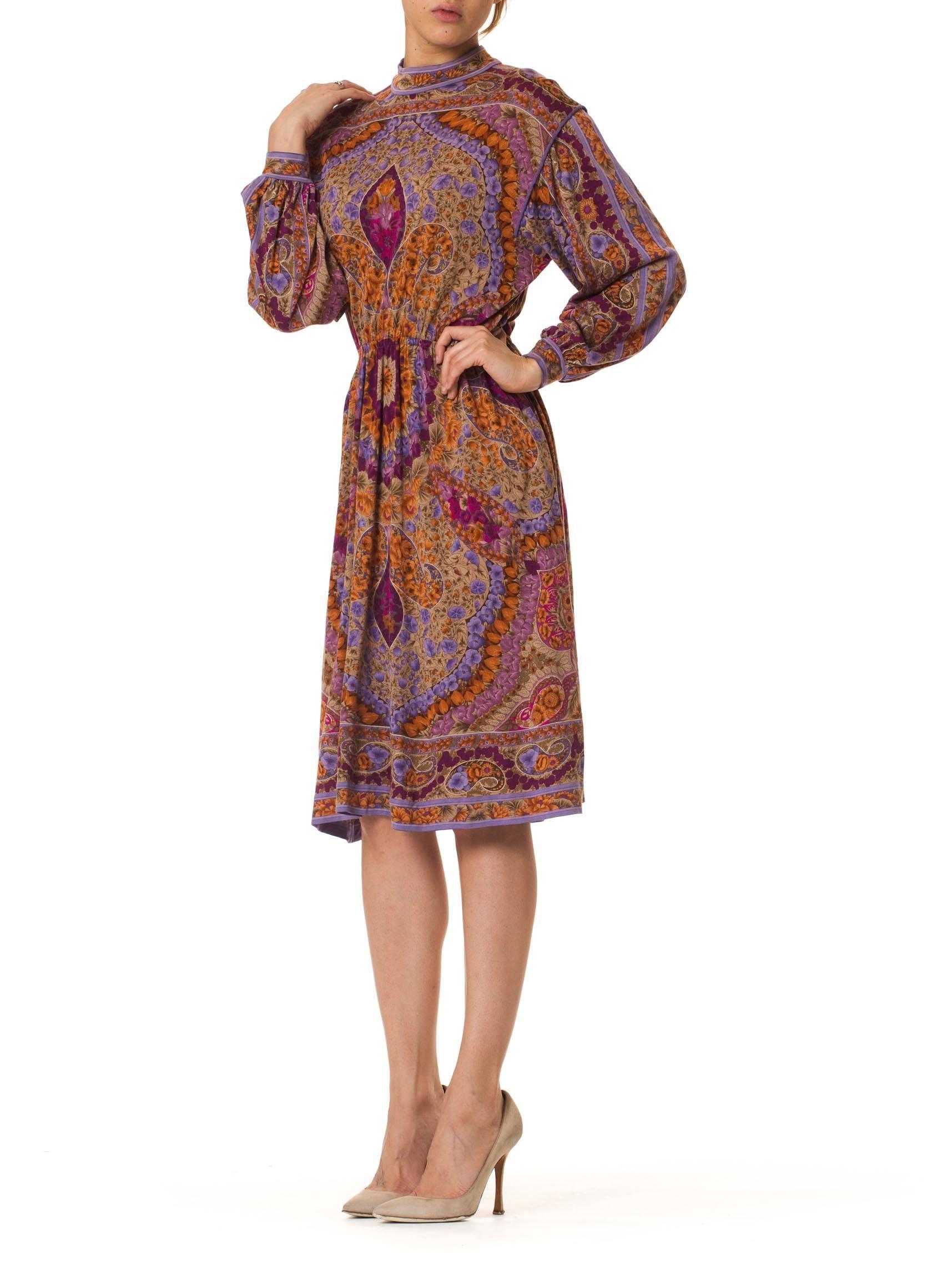 Brown 1970s Leonard Wool Jersey Dress with Rich Indian Floral Print