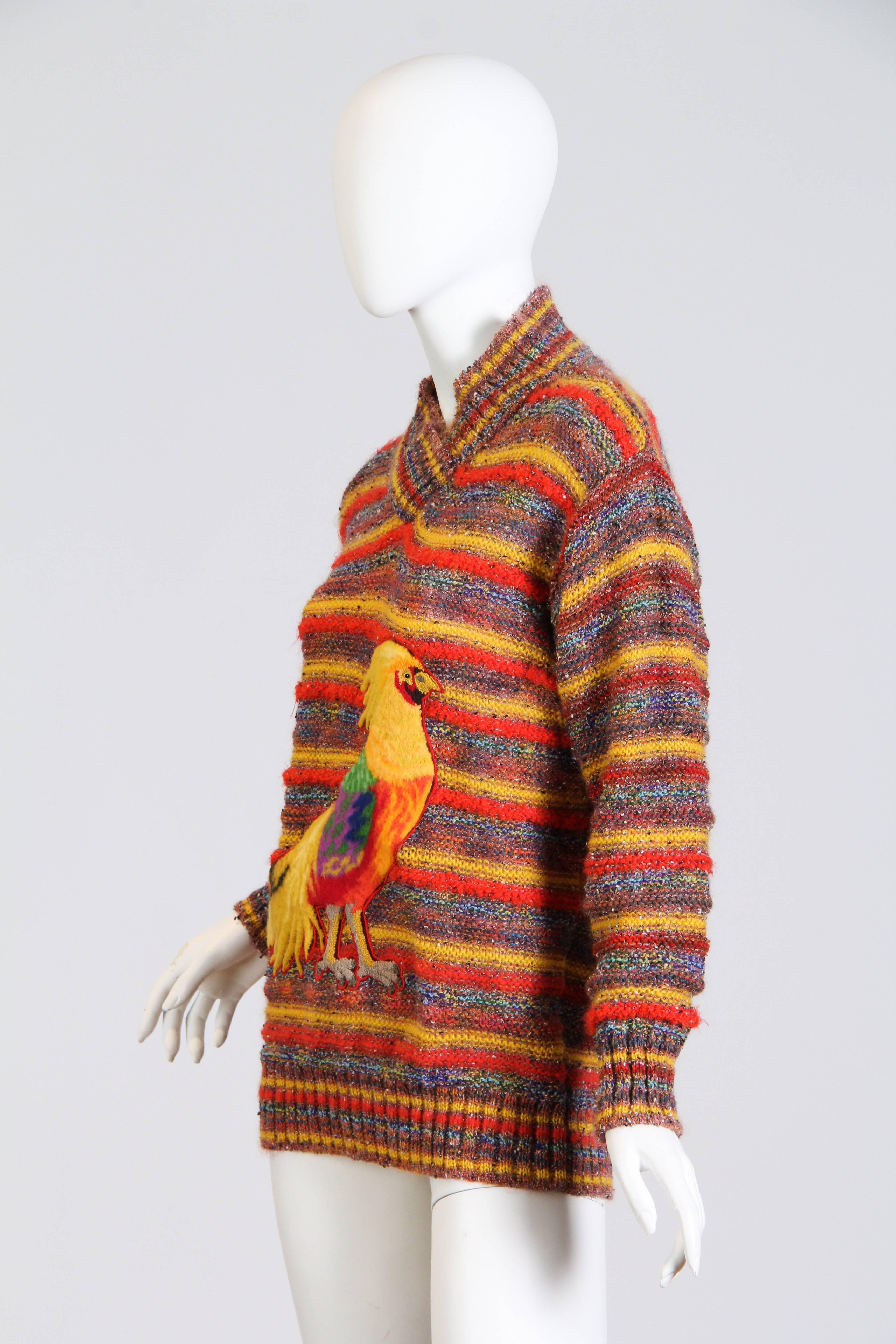 This sweater is part of a line of autumnal animal sweaters by knitwear design house Missoni. Known for their technical expertise and playful fashions, Missoni manufactures these striking pieces in Italy to ensure their quality. This sweater has a