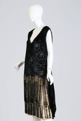 1920S Black & White Silk Velvet  Fringe Cocktail Dress With Rhinestones