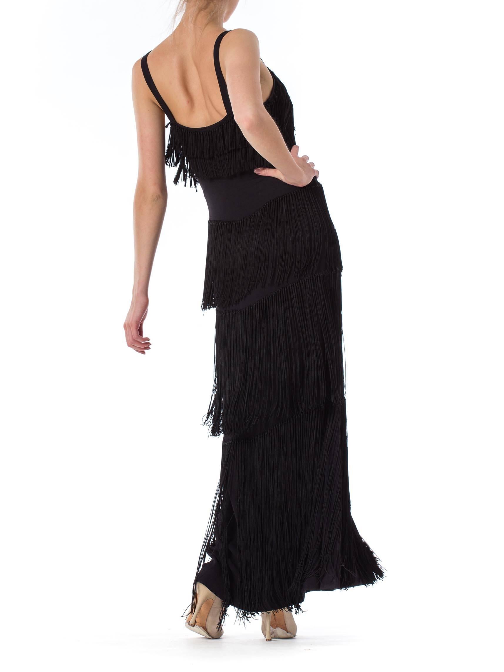 1940S Black Silk Crepe Gown With Tiers Of Hand-Knotted Fringe L 2
