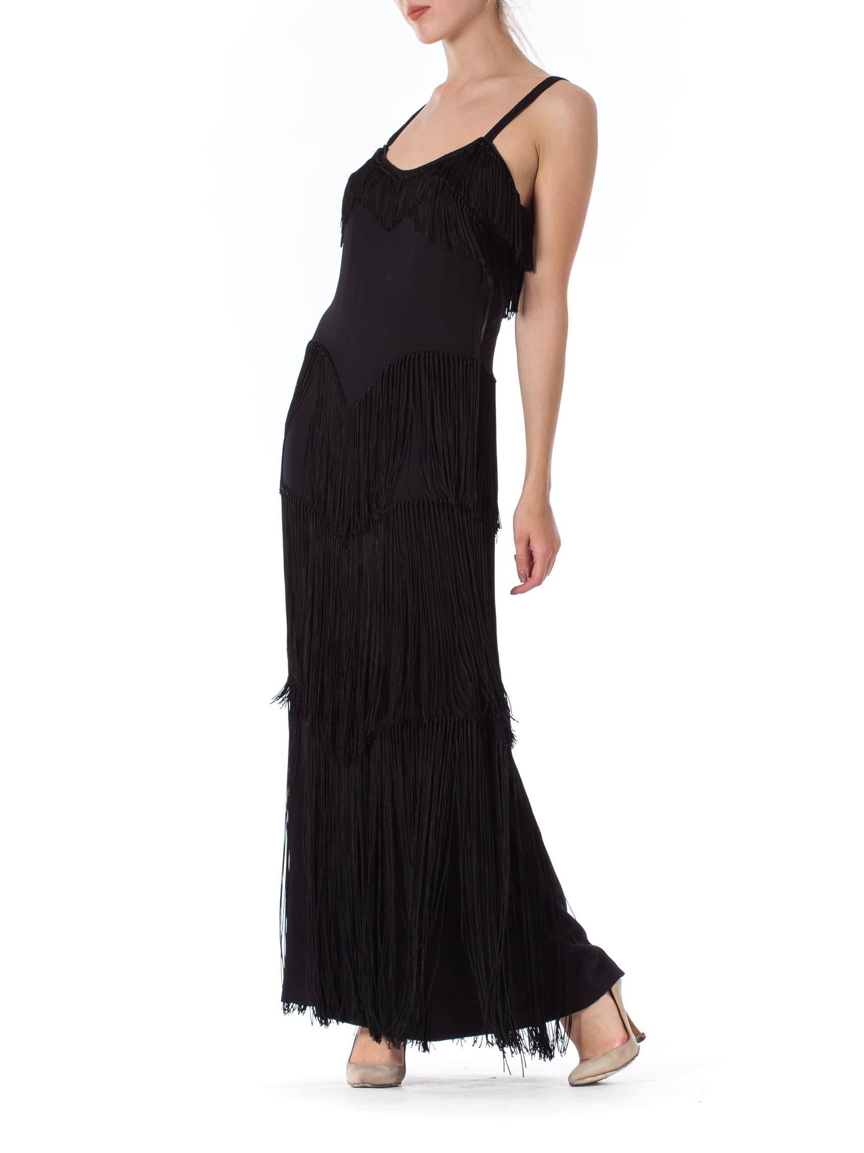 1940S Black Silk Crepe Gown With Tiers Of Hand-Knotted Fringe L 1