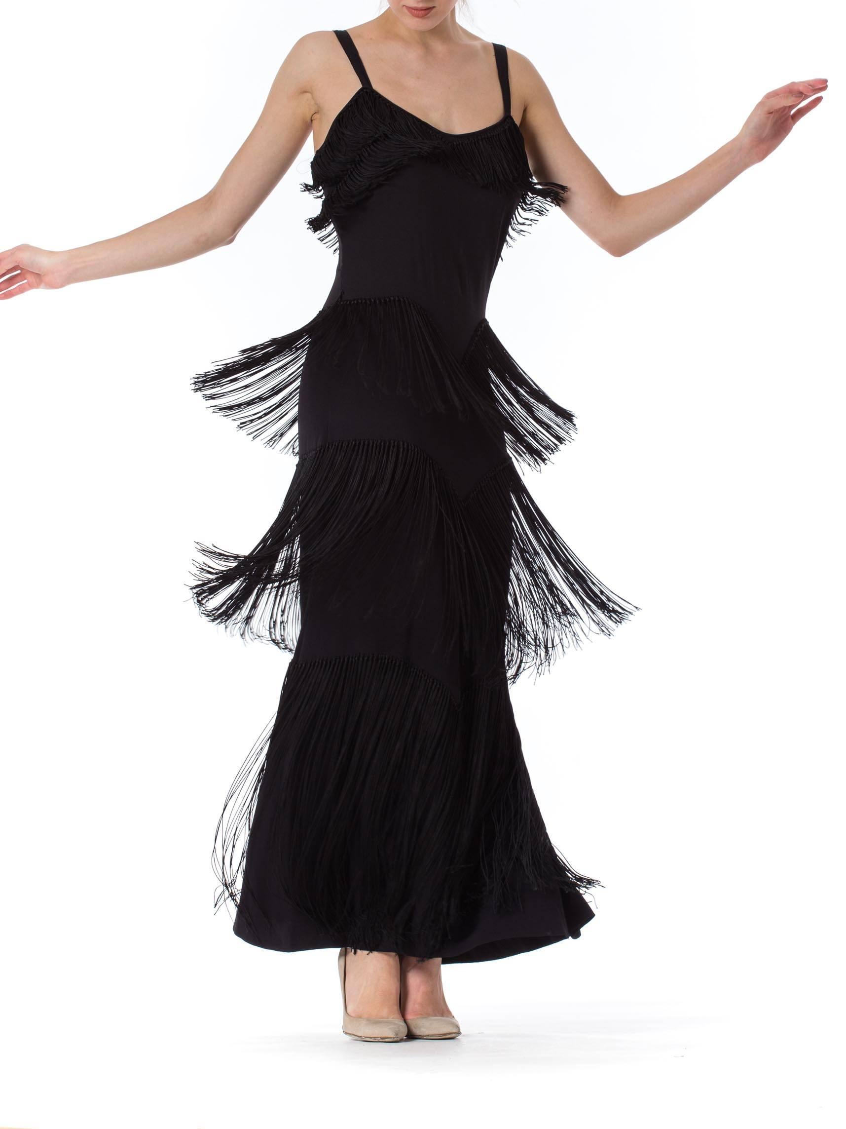 1940S Black Silk Crepe Gown With Tiers Of Hand-Knotted Fringe L In Excellent Condition In New York, NY