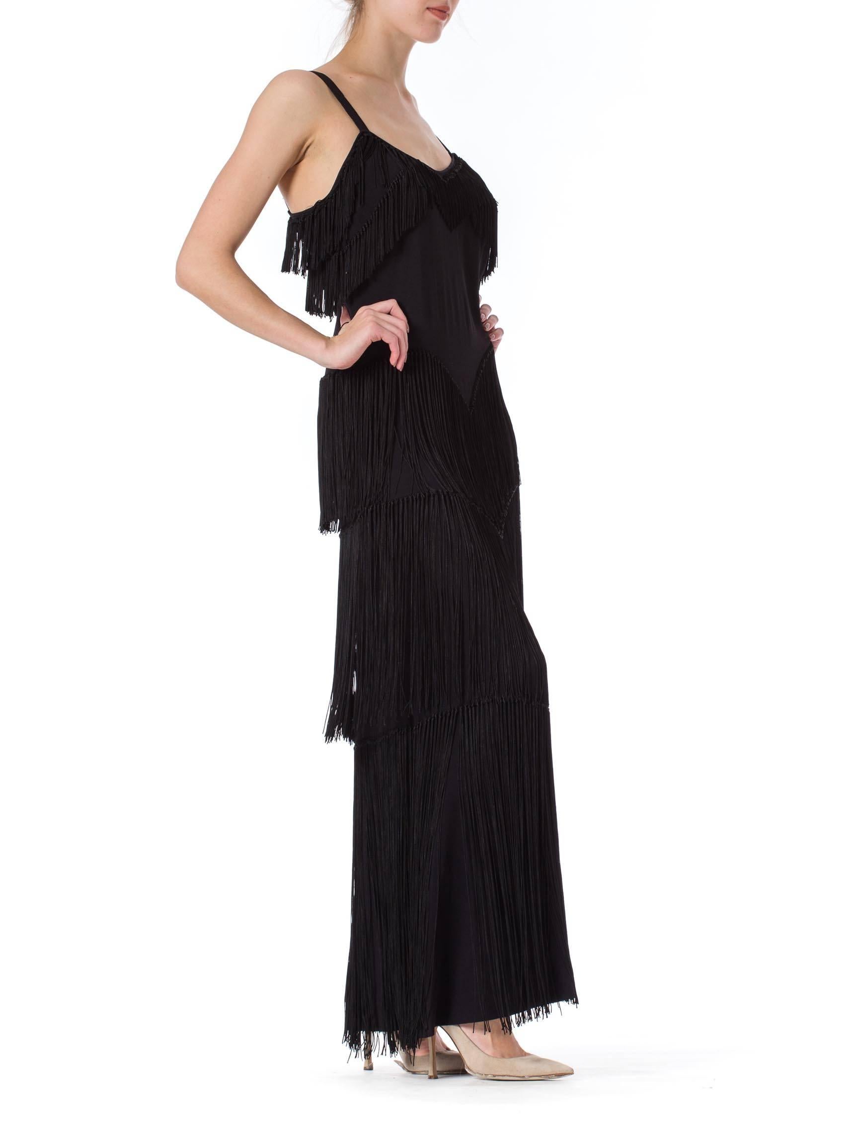 Women's 1940S Black Silk Crepe Gown With Tiers Of Hand-Knotted Fringe L