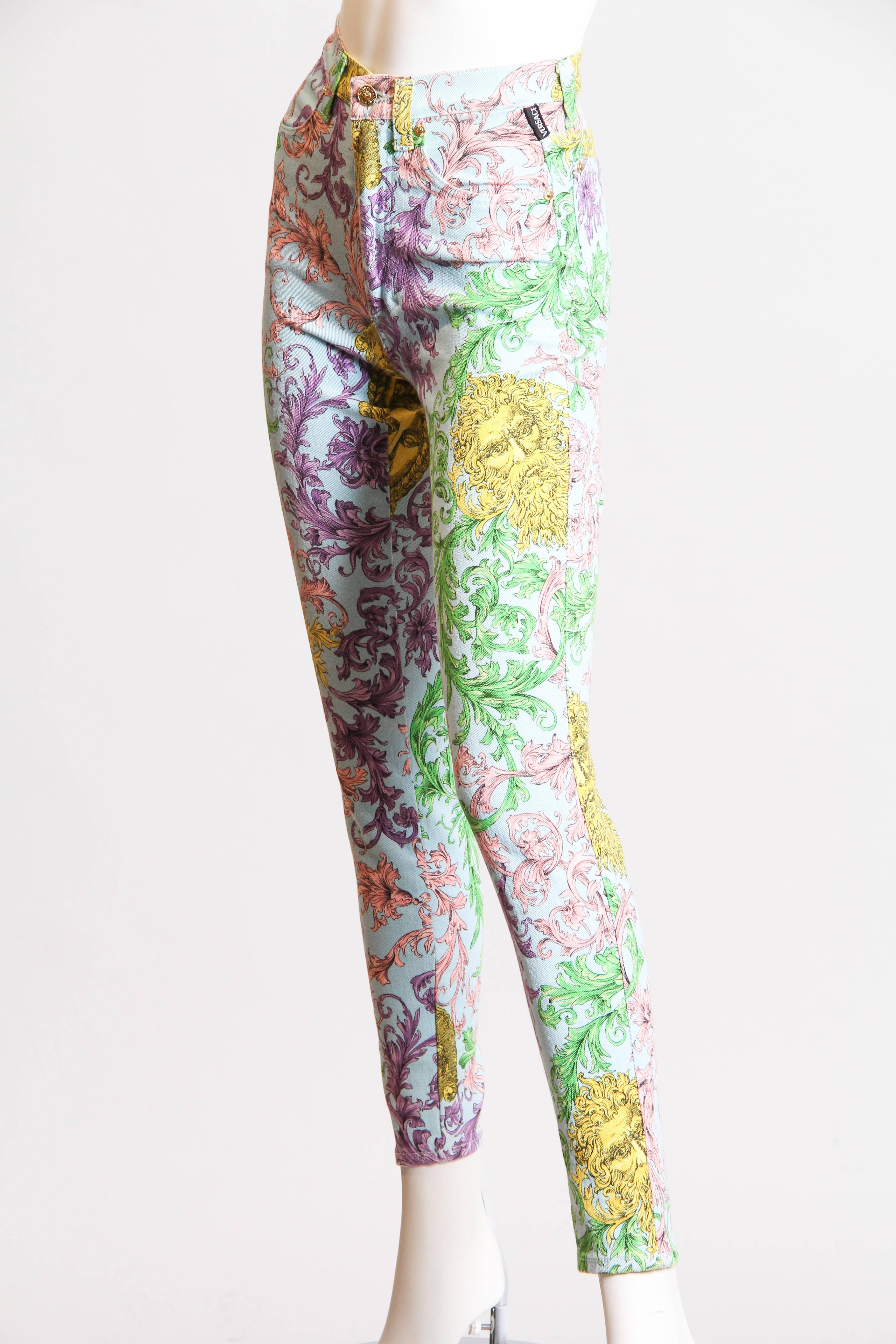 These jeans are part of Versace's ode to historical scrollwork and florals, reimagined for the modern world. Deep historical shades have become cheerful pastels in Versace's design, and the damask florals have been flipped and re-curved across the